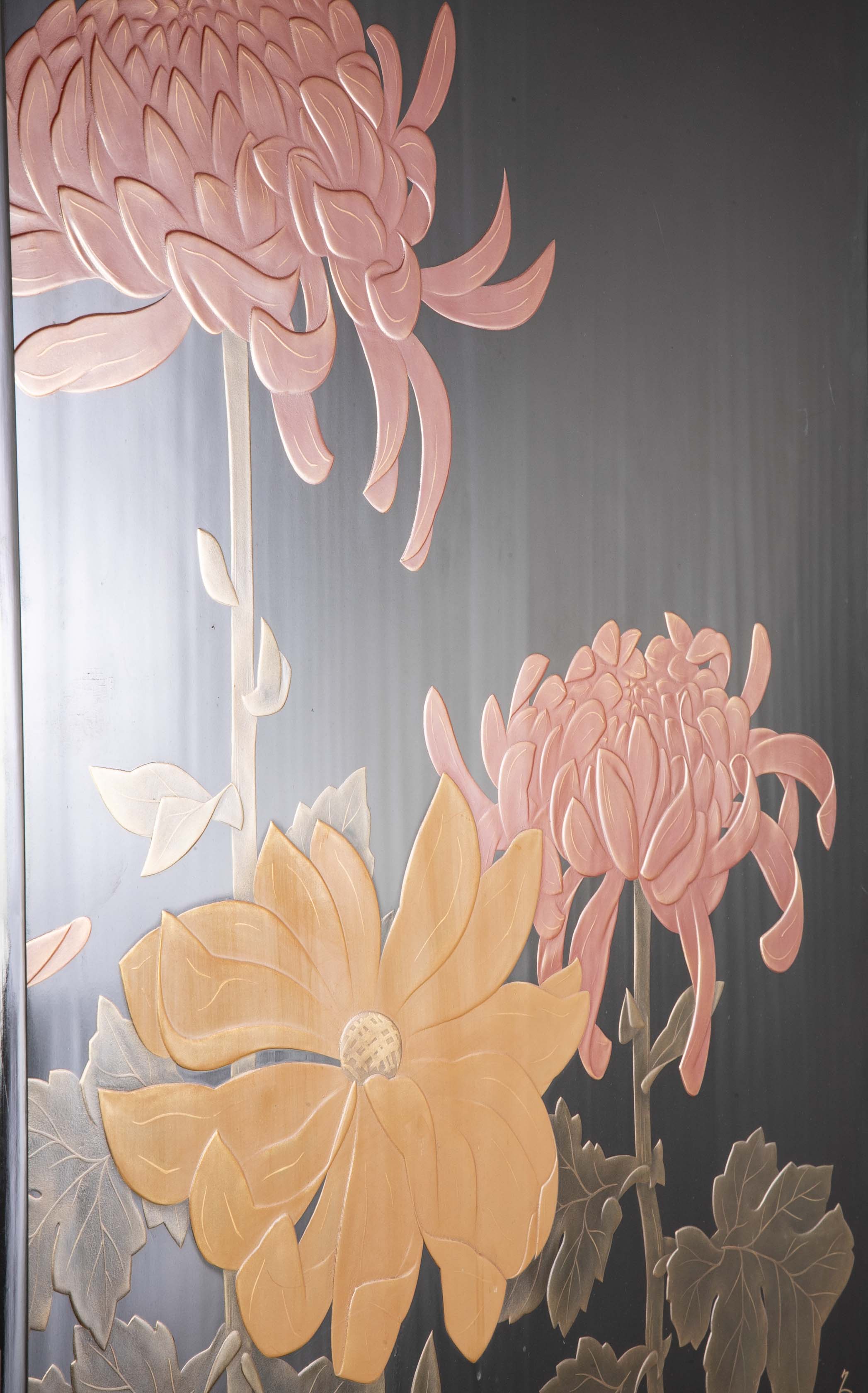 Black Lacquer Screen with Bold Red, Yellow & White Chrysanthemums Signed Kunio Saku