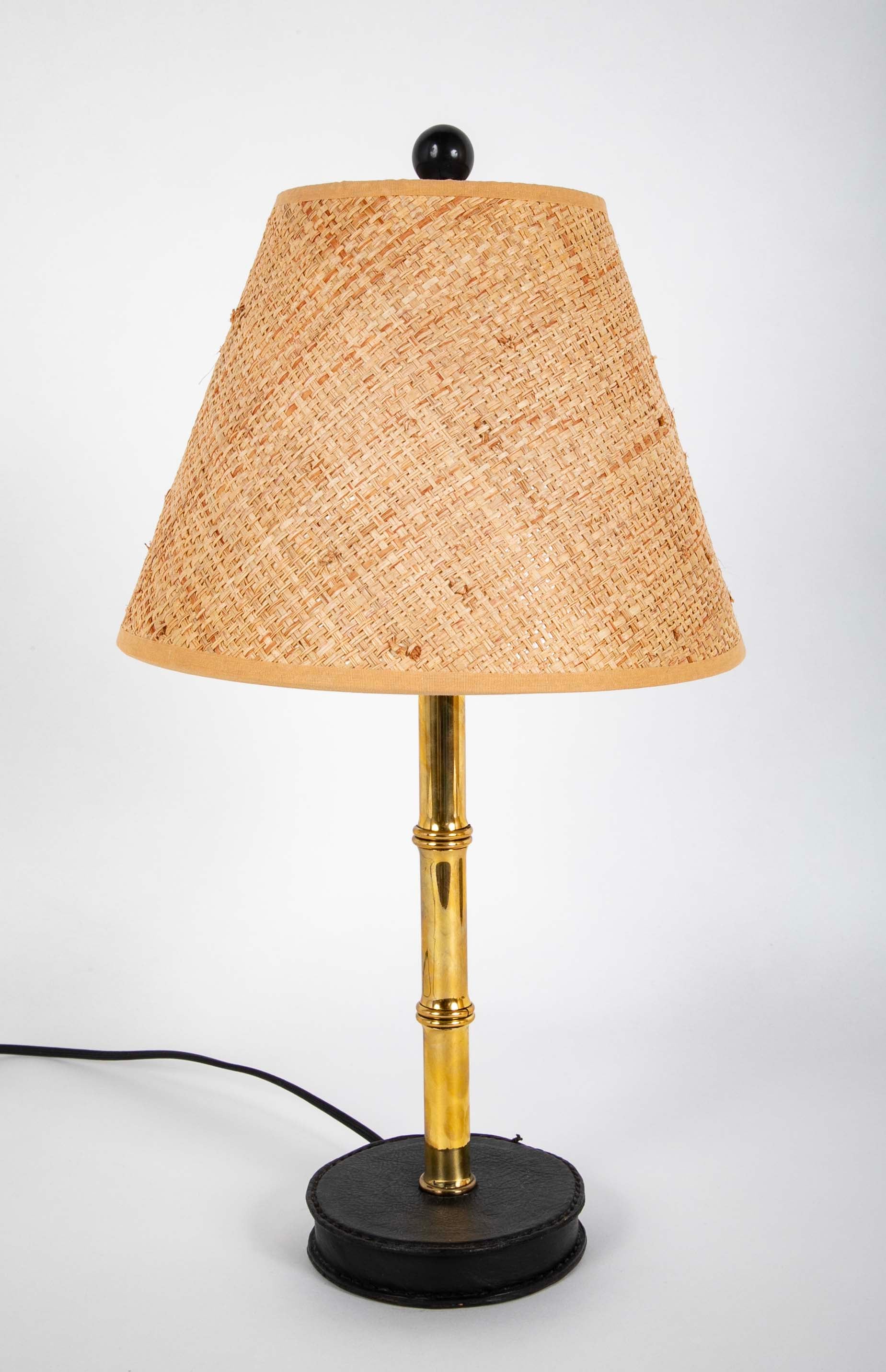 Varnished Brass and Leather Table Lamp Attributed to Jacques Adnet