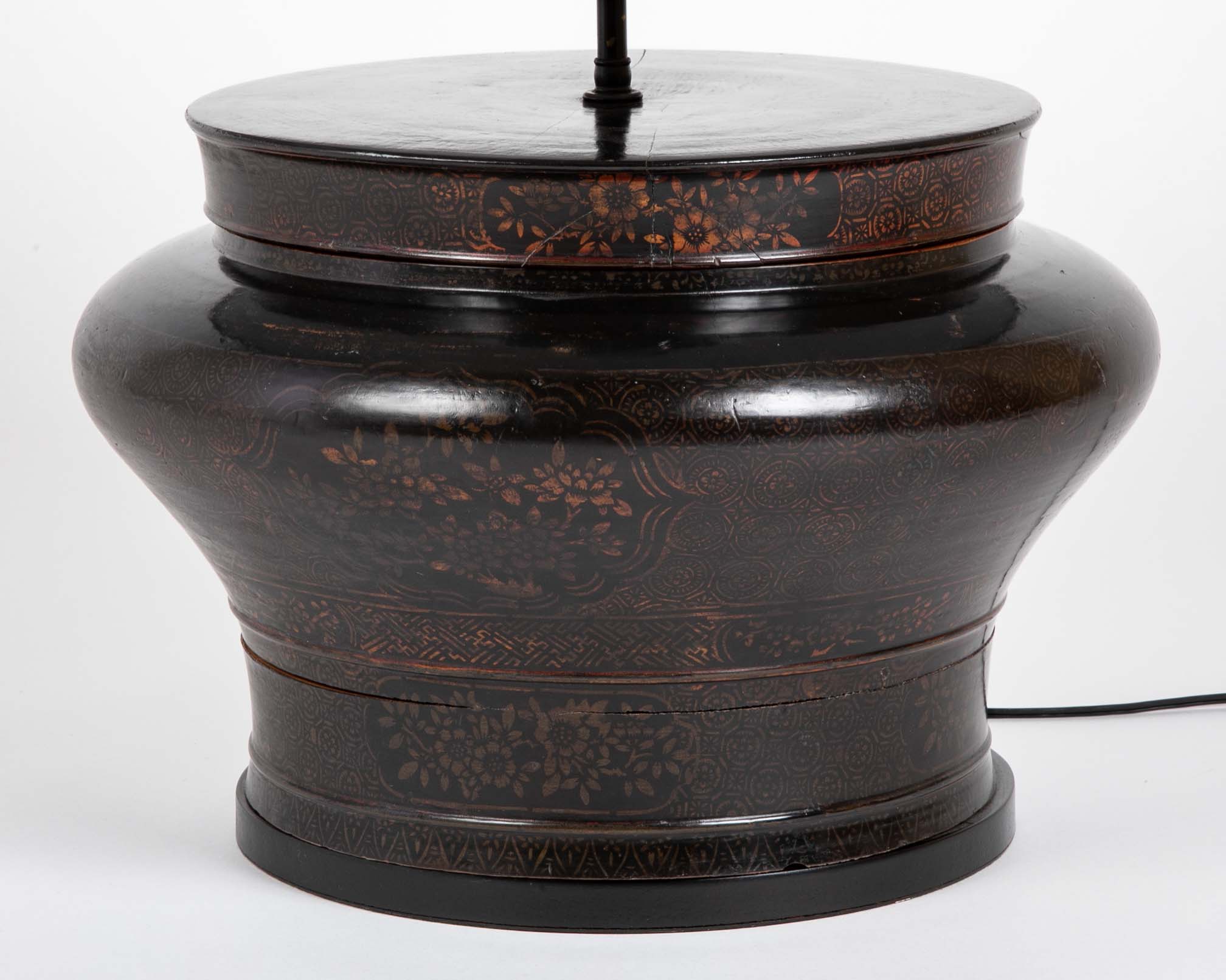 Large Chinese Round Lacquered Container as Lamp
