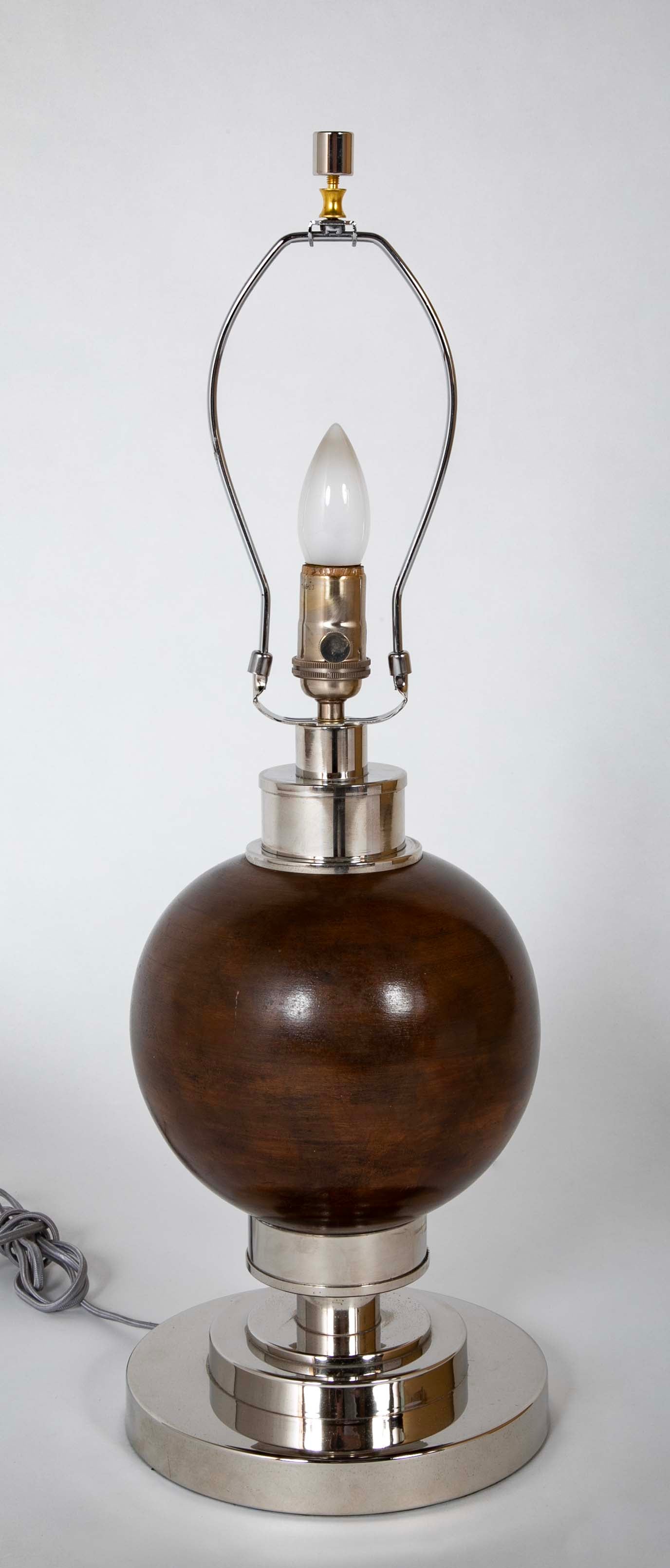A French Turned Wood Sphere on Metal Base as a Lamp