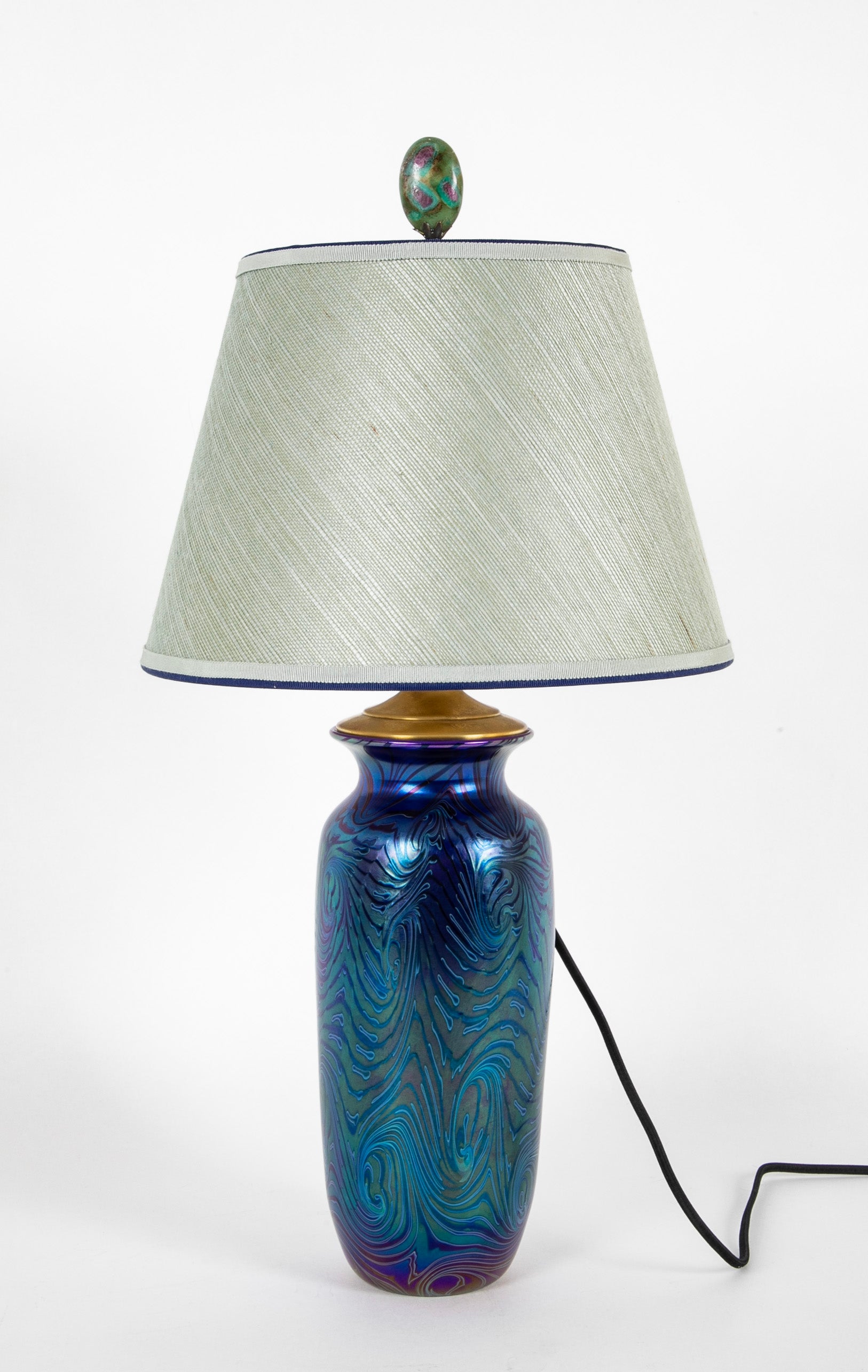 Blue Feathered Glass Vase Now a Lamp