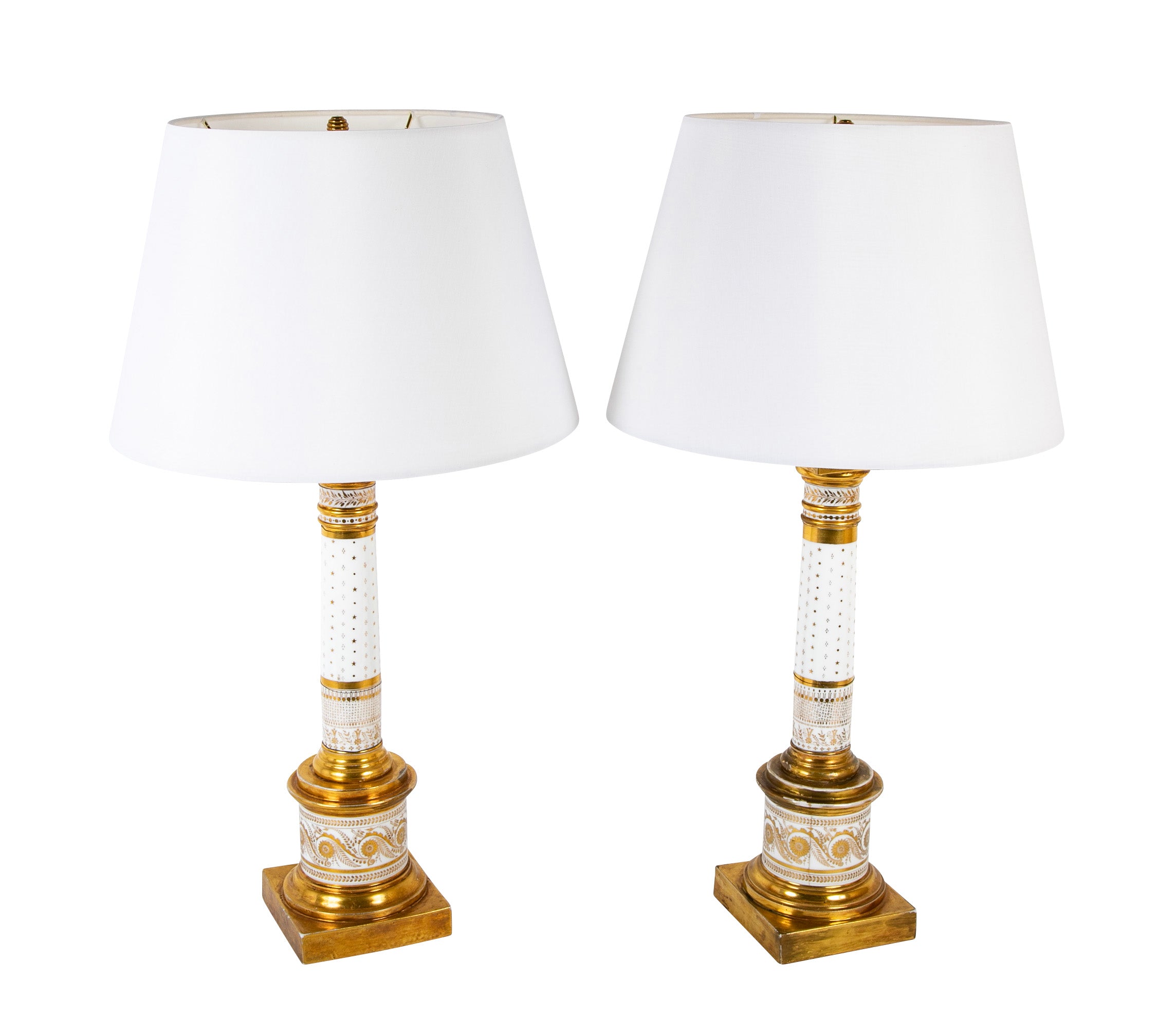 Pair of French Gilt on White Paris Porcelain Columnar Lamps