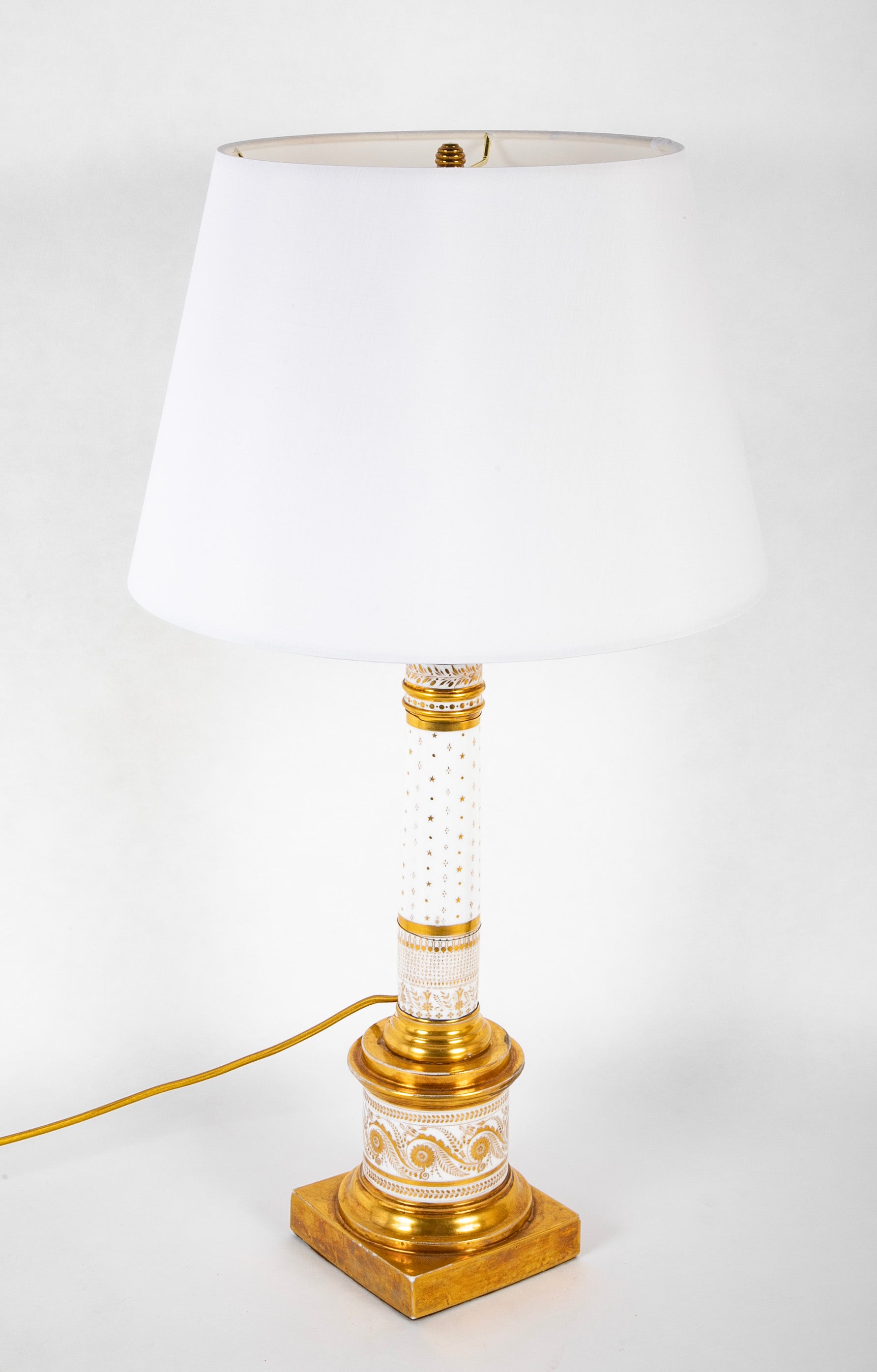 Pair of French Gilt on White Paris Porcelain Columnar Lamps
