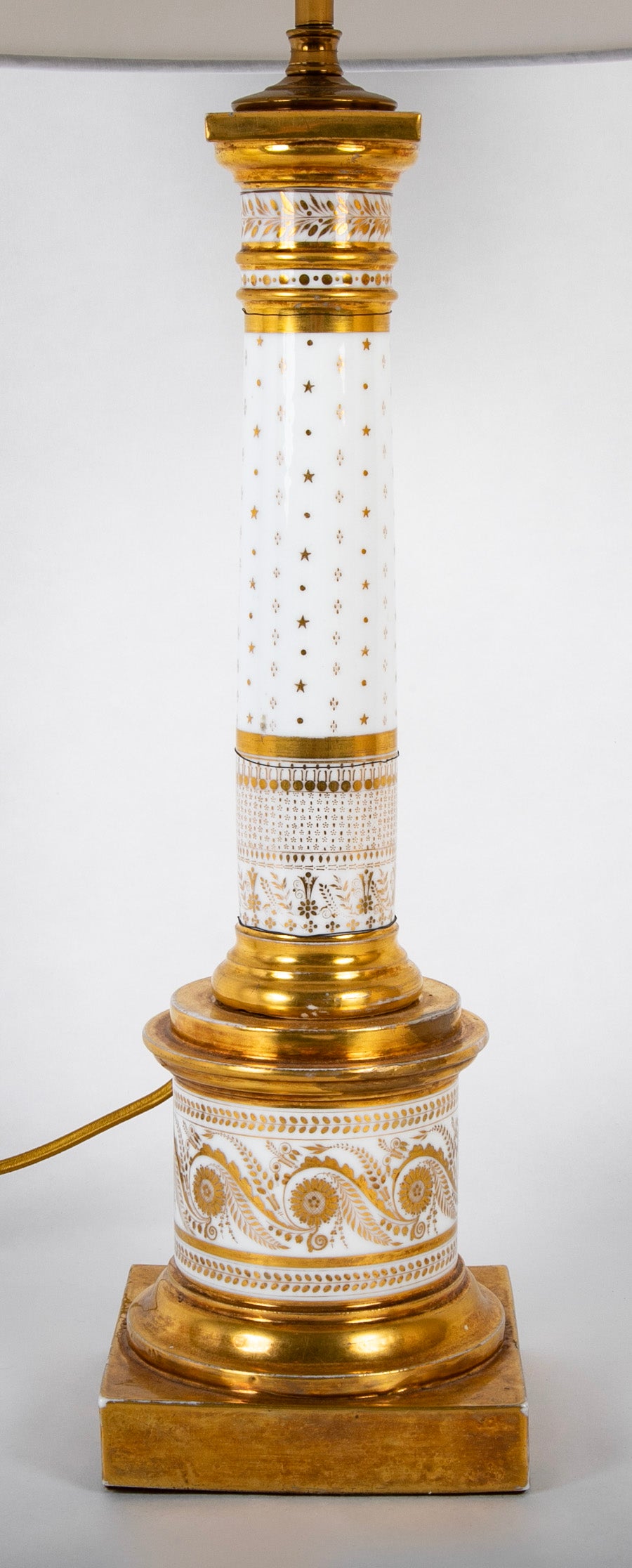 Pair of French Gilt on White Paris Porcelain Columnar Lamps