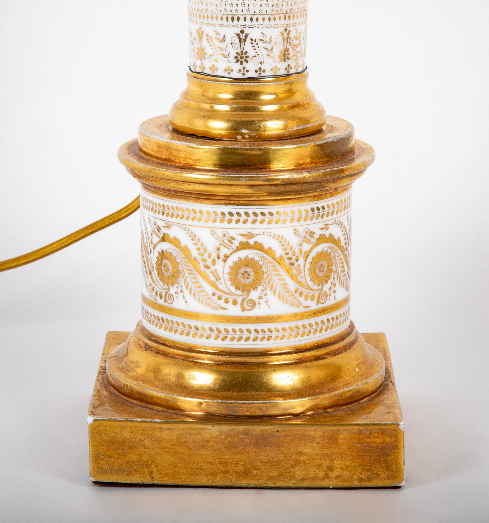 Pair of French Gilt on White Paris Porcelain Columnar Lamps