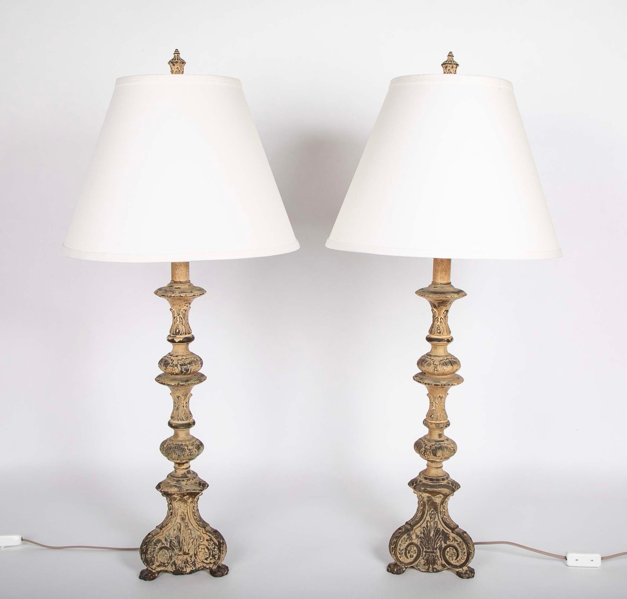 A Pair of Italian Baroque Style Brass Candlestick Lamps
