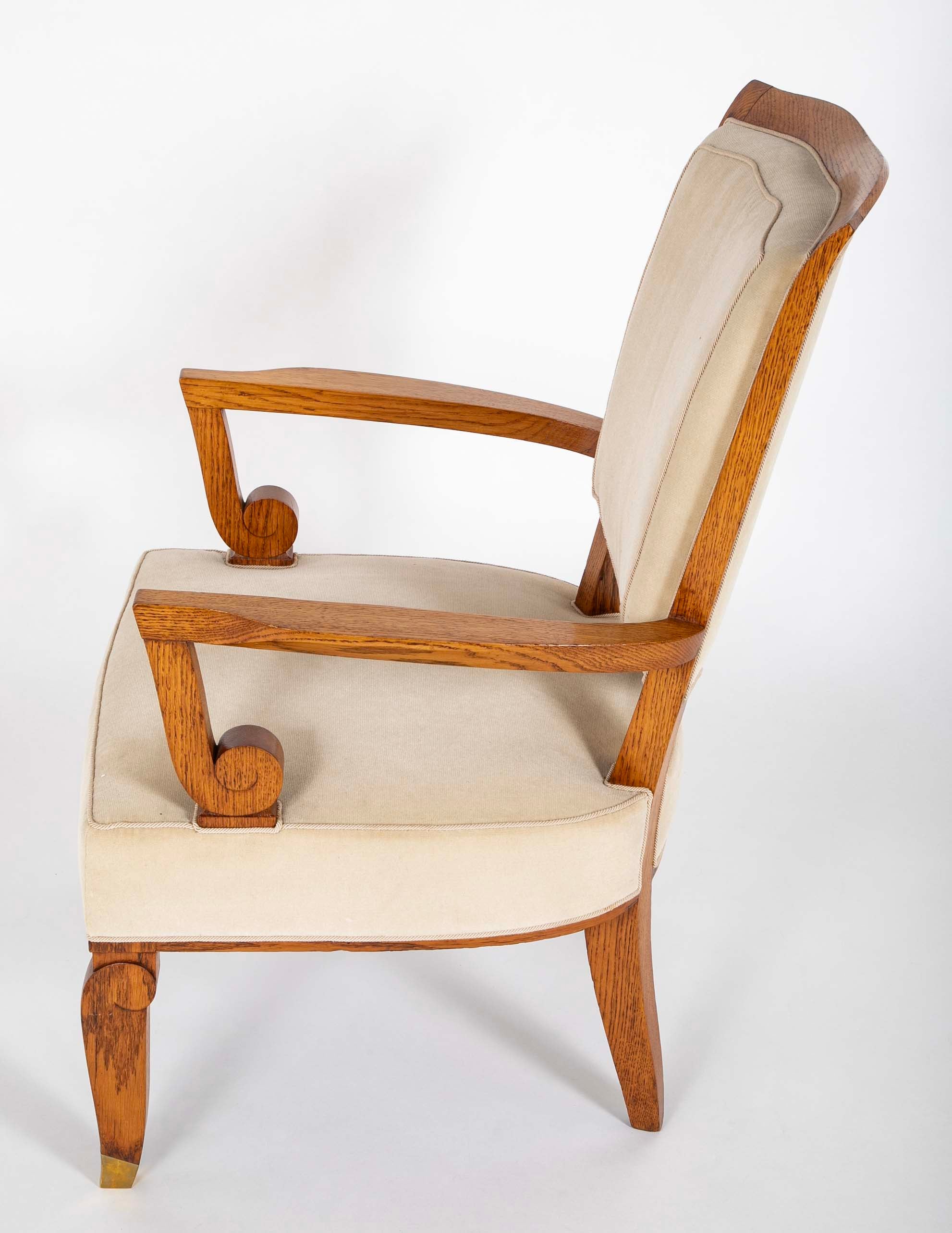 Pair of Jules Leleu Waxed Oak Armchairs