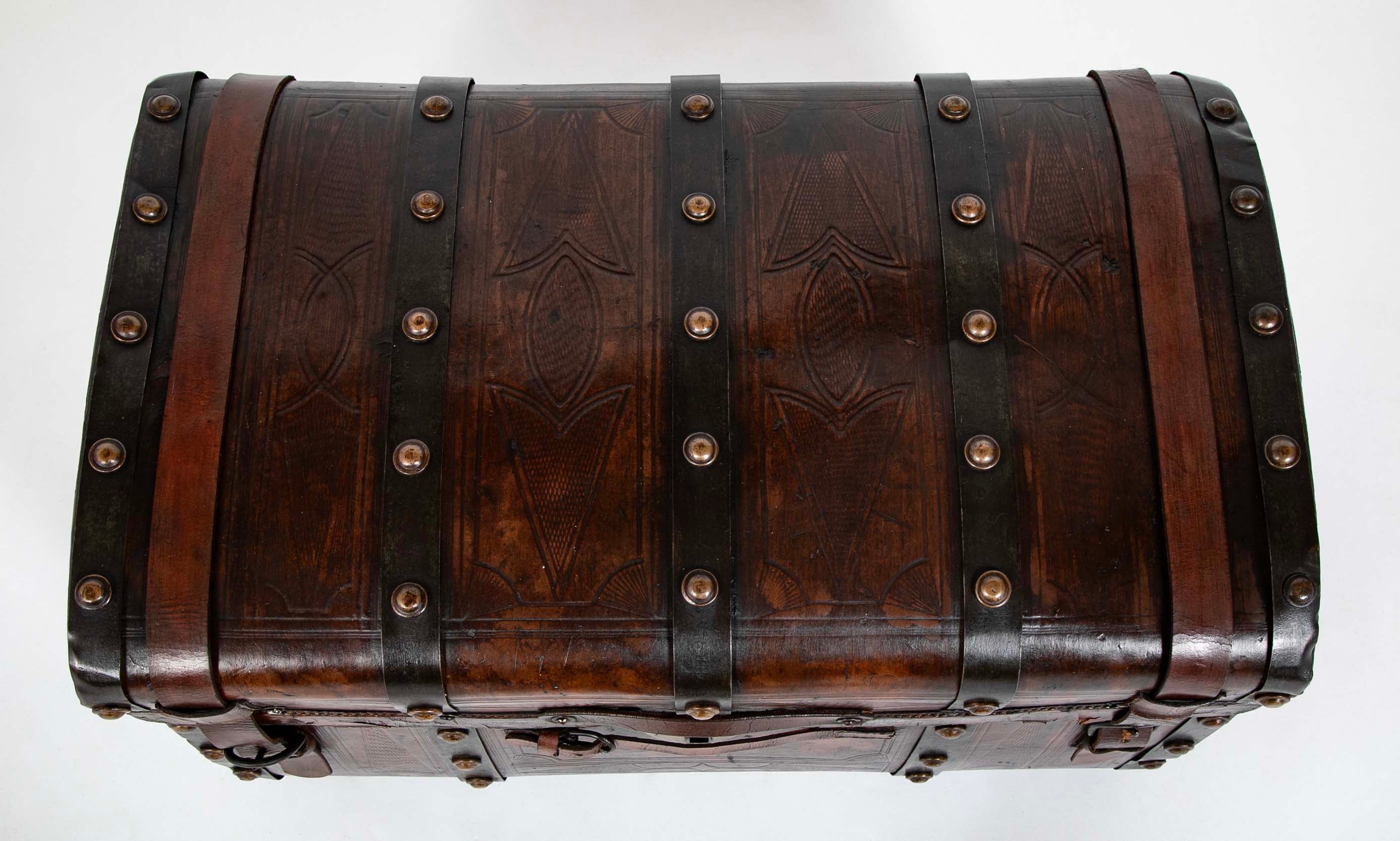 19th Century American Tooled Leather and Brass Stagecoach Trunk