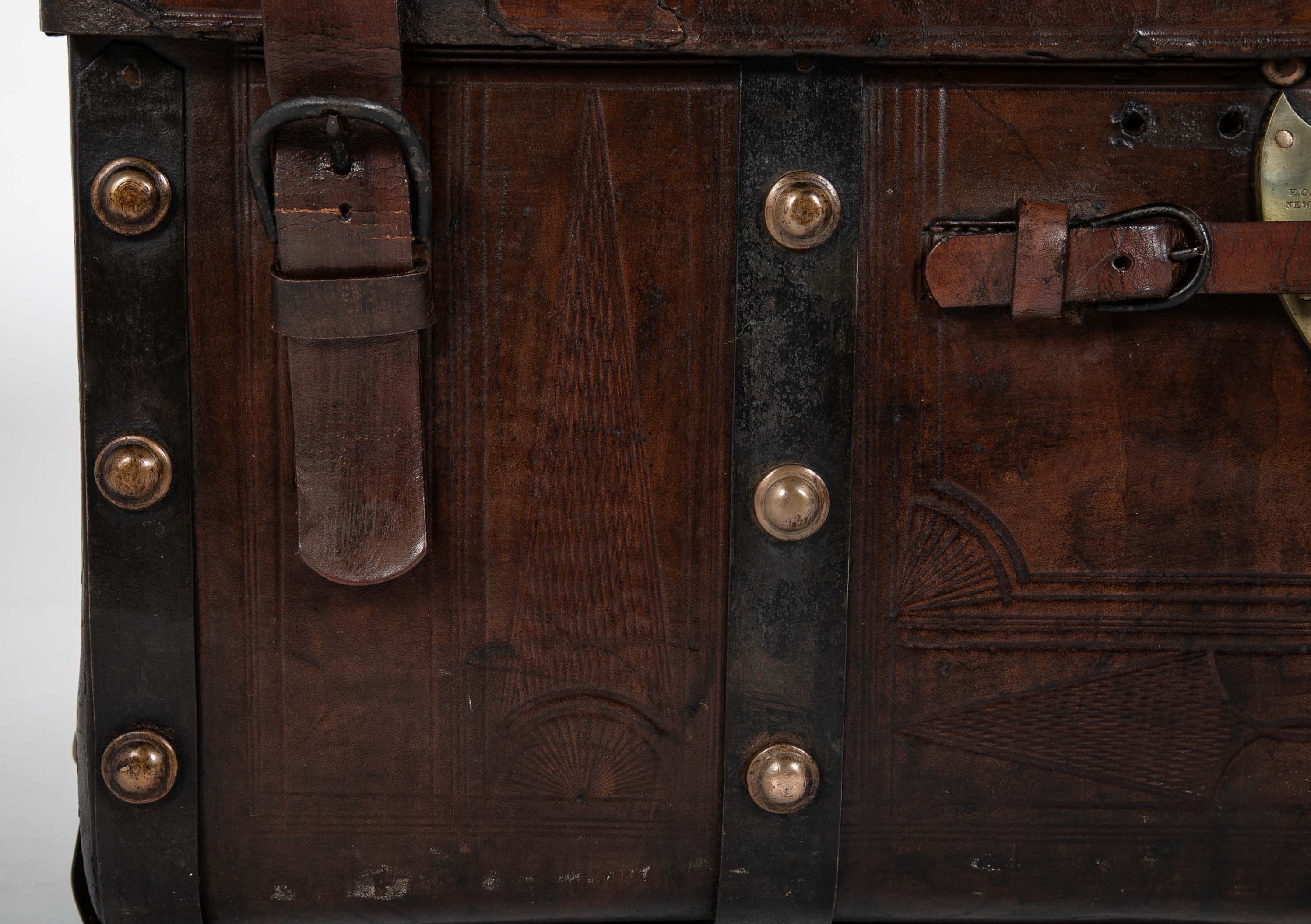 19th Century American Tooled Leather and Brass Stagecoach Trunk
