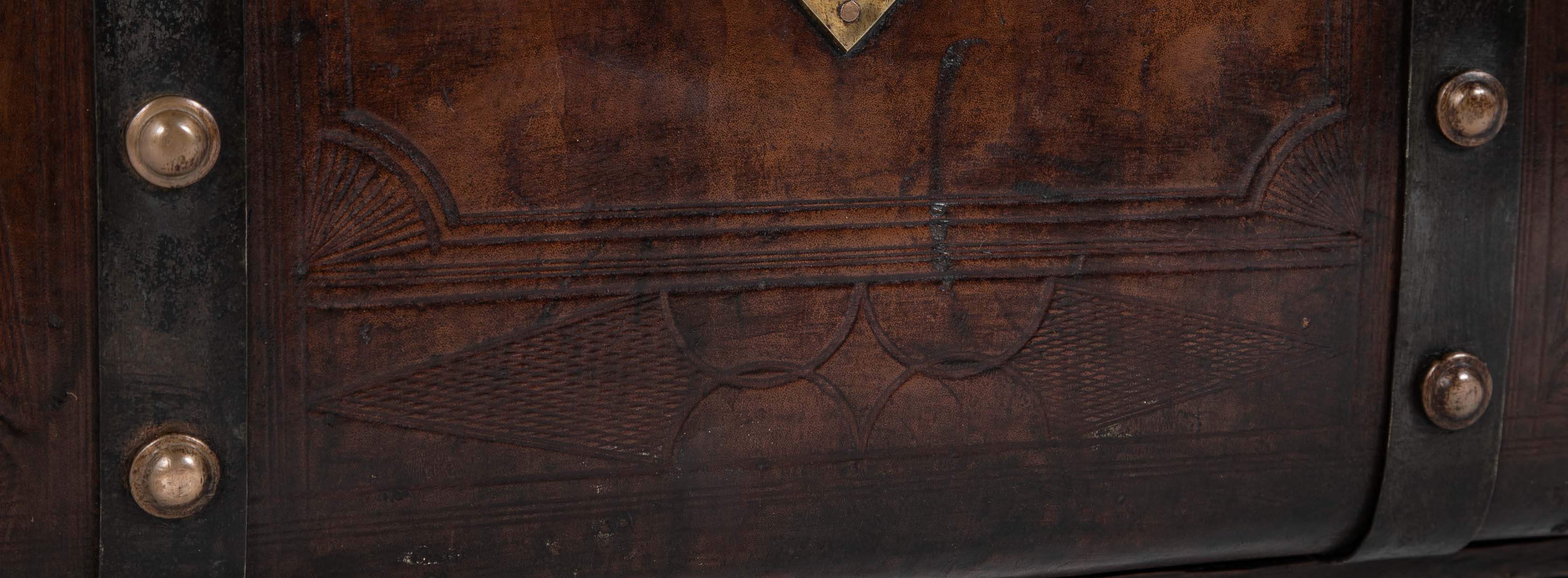 19th Century American Tooled Leather and Brass Stagecoach Trunk