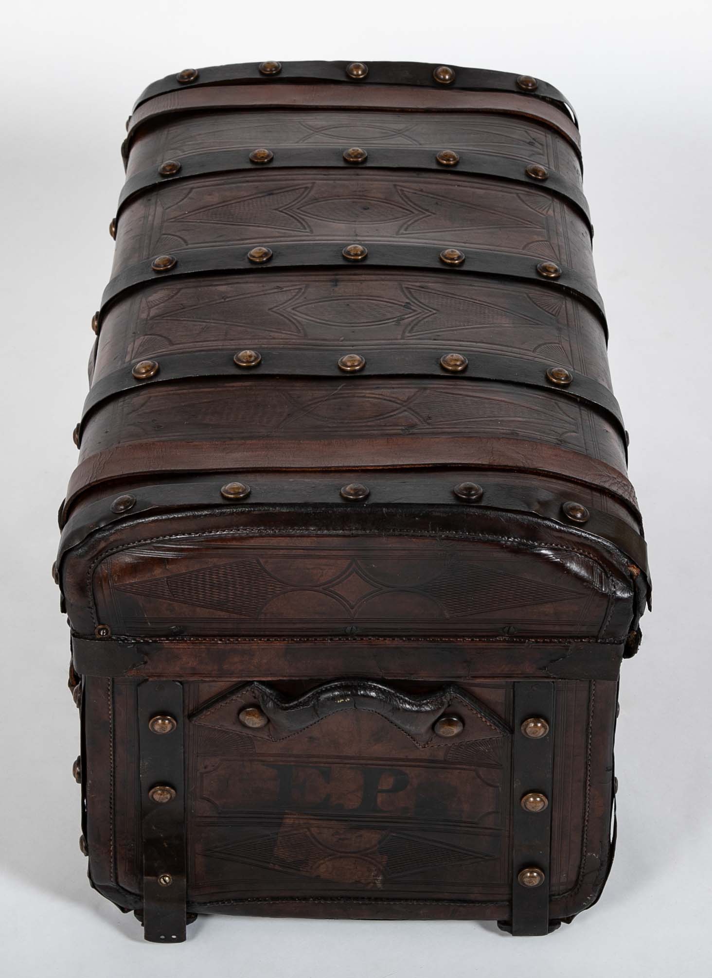 19th Century American Tooled Leather and Brass Stagecoach Trunk