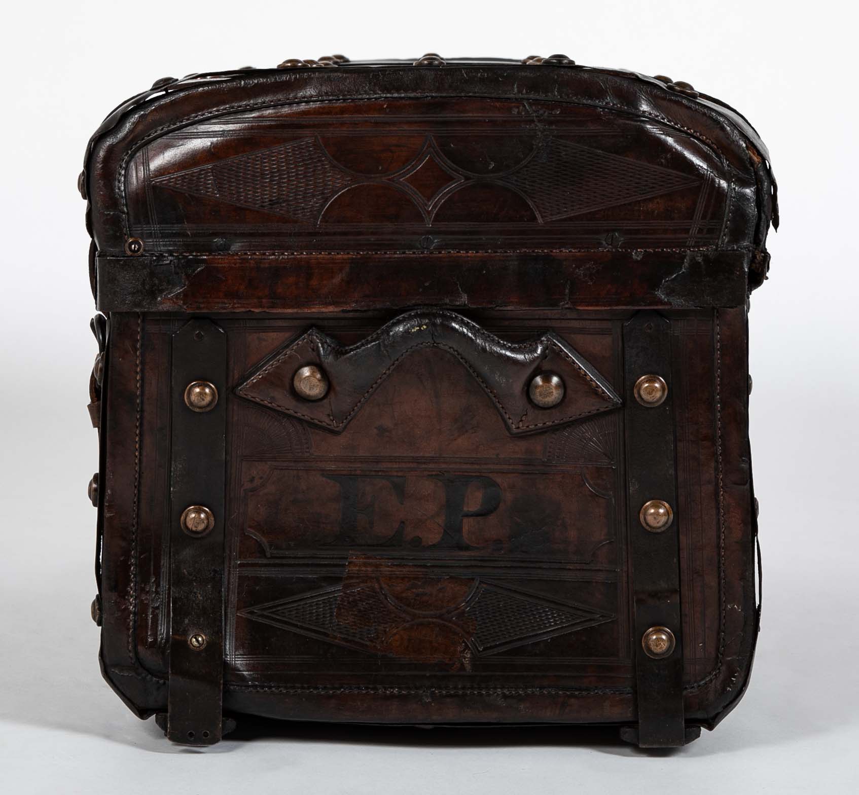 19th Century American Tooled Leather and Brass Stagecoach Trunk