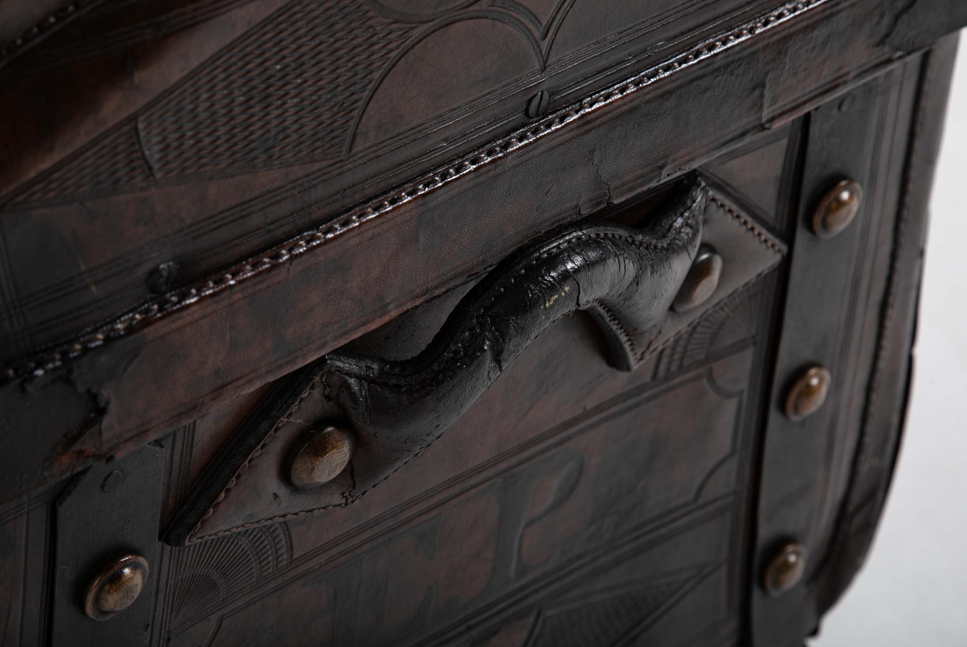 19th Century American Tooled Leather and Brass Stagecoach Trunk