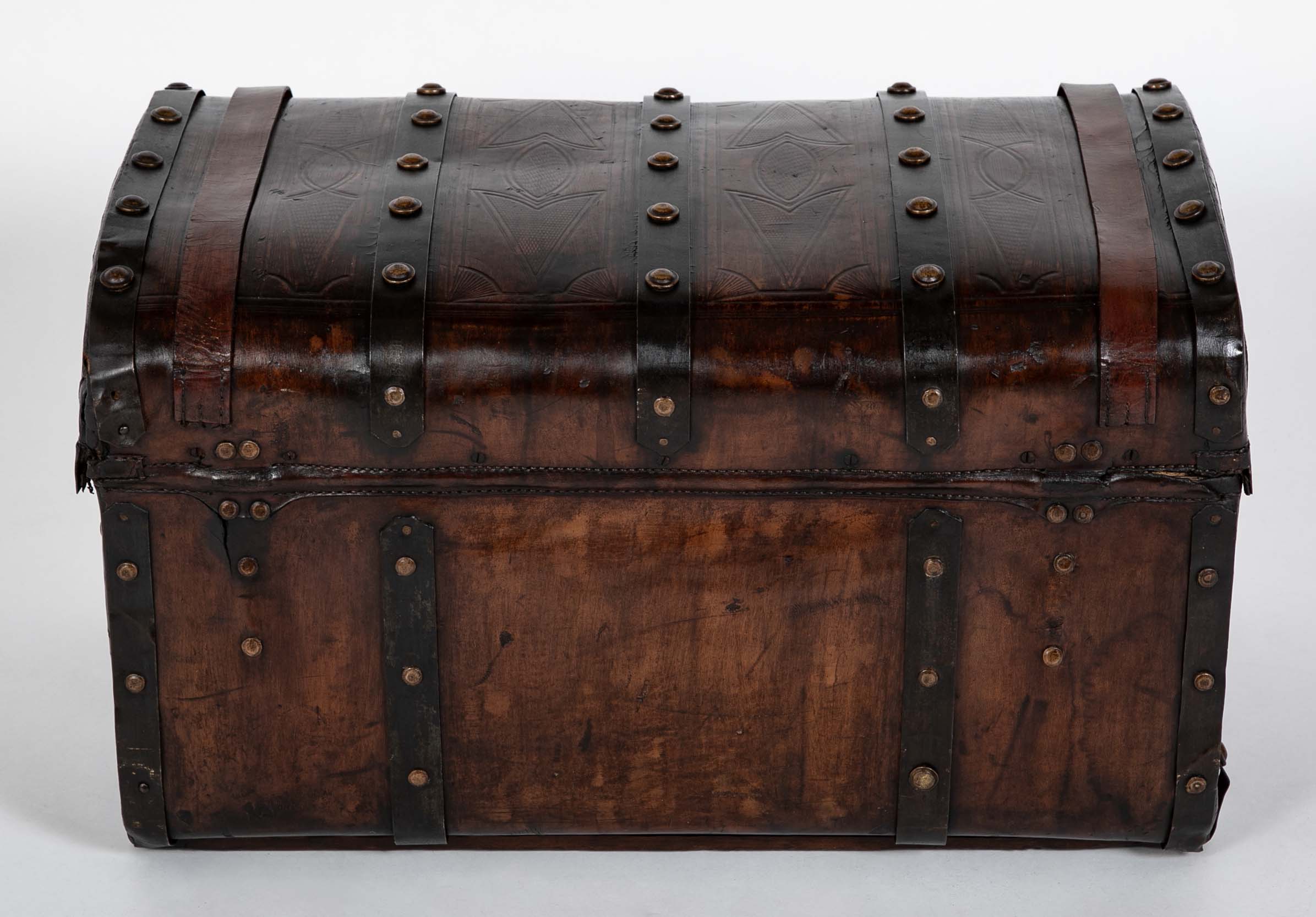 19th Century American Tooled Leather and Brass Stagecoach Trunk