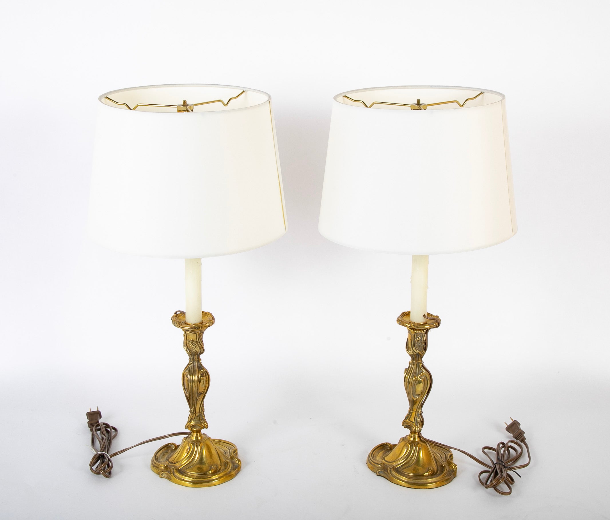 Pair of Gilt Bronze Rococo Style Candlesticks now Lamps