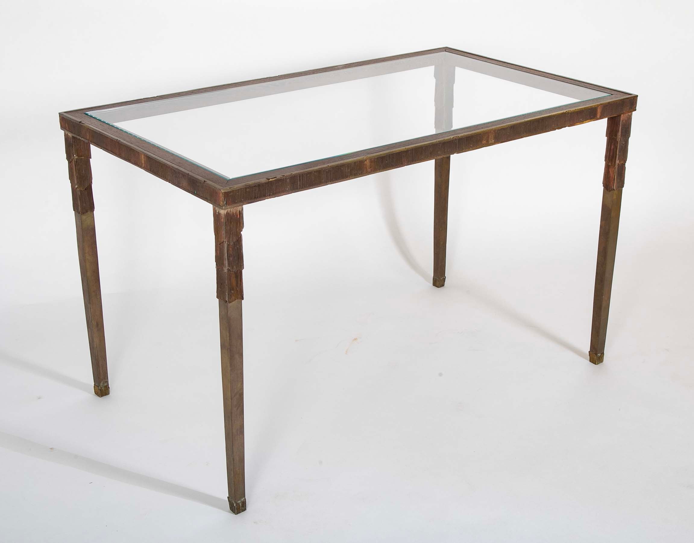 Louis Cane Patinated Bronze, Oak and Glass "Classic" Table