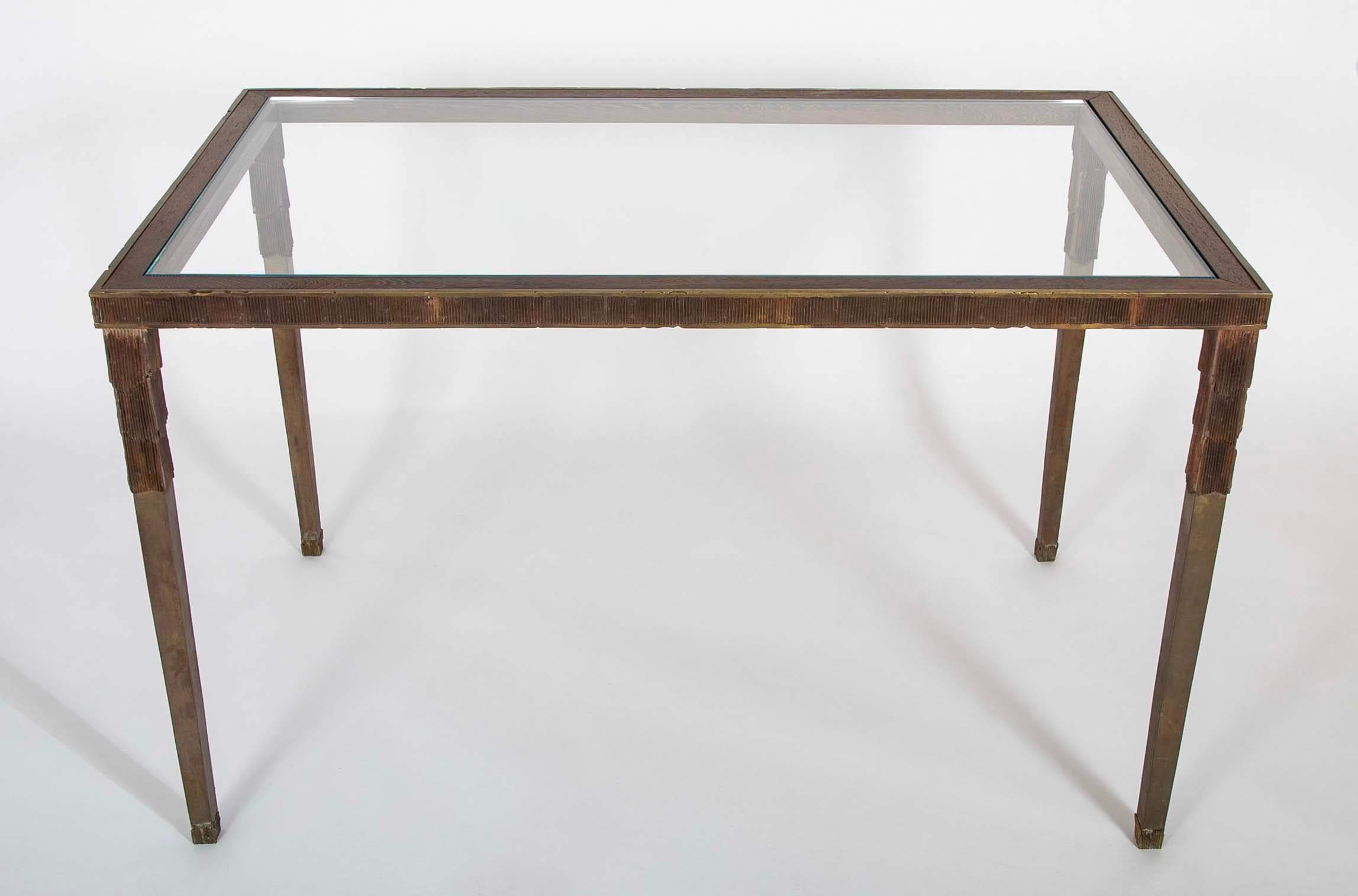 Louis Cane Patinated Bronze, Oak and Glass "Classic" Table