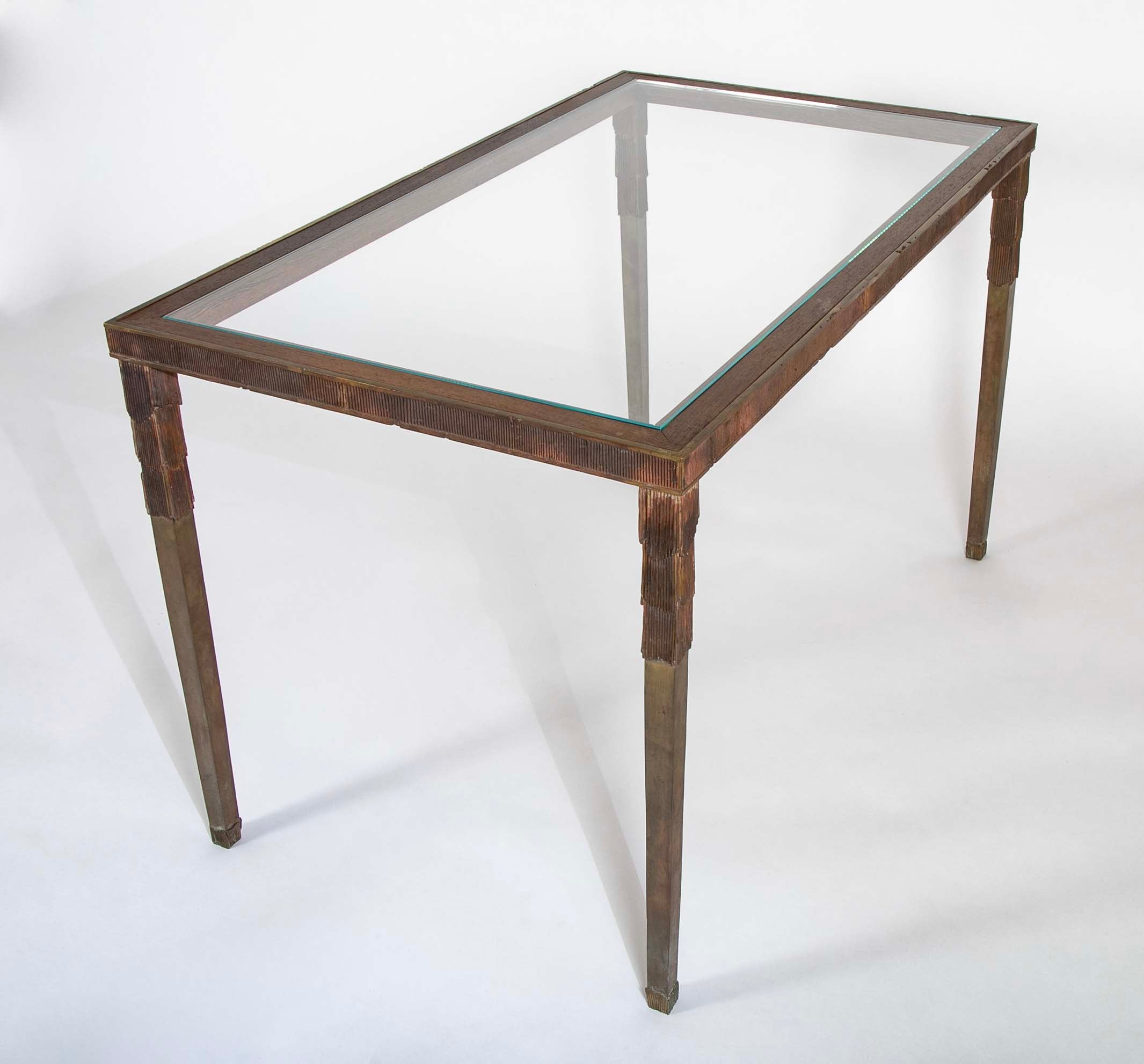 Louis Cane Patinated Bronze, Oak and Glass "Classic" Table