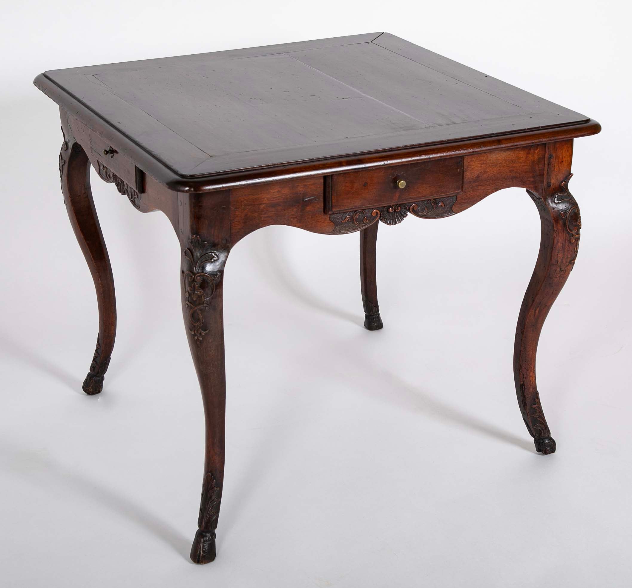 Louis XV Games Table with Four Drawers in Walnut with Cabriole Covered Legs