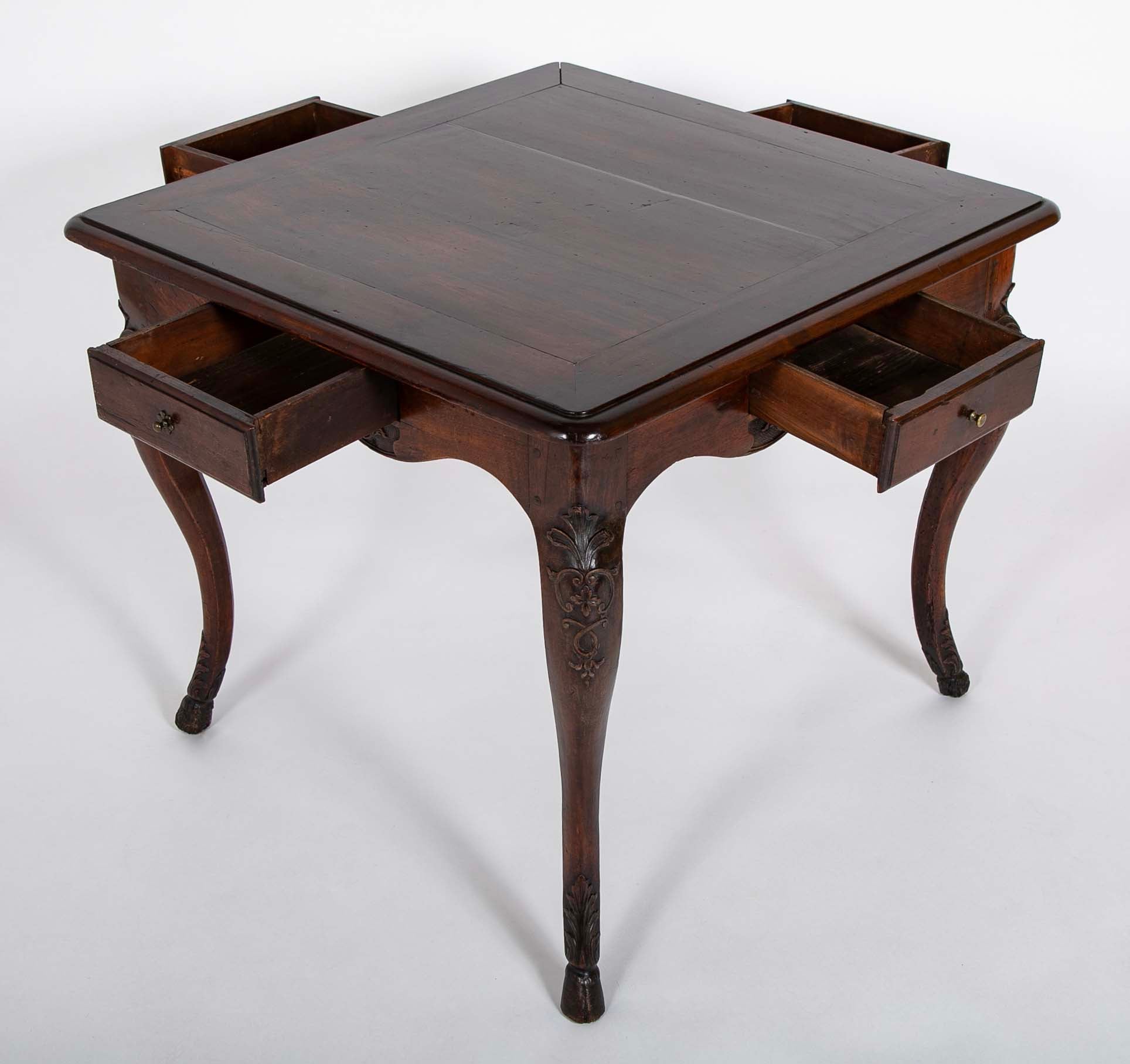 Louis XV Games Table with Four Drawers in Walnut with Cabriole Covered Legs