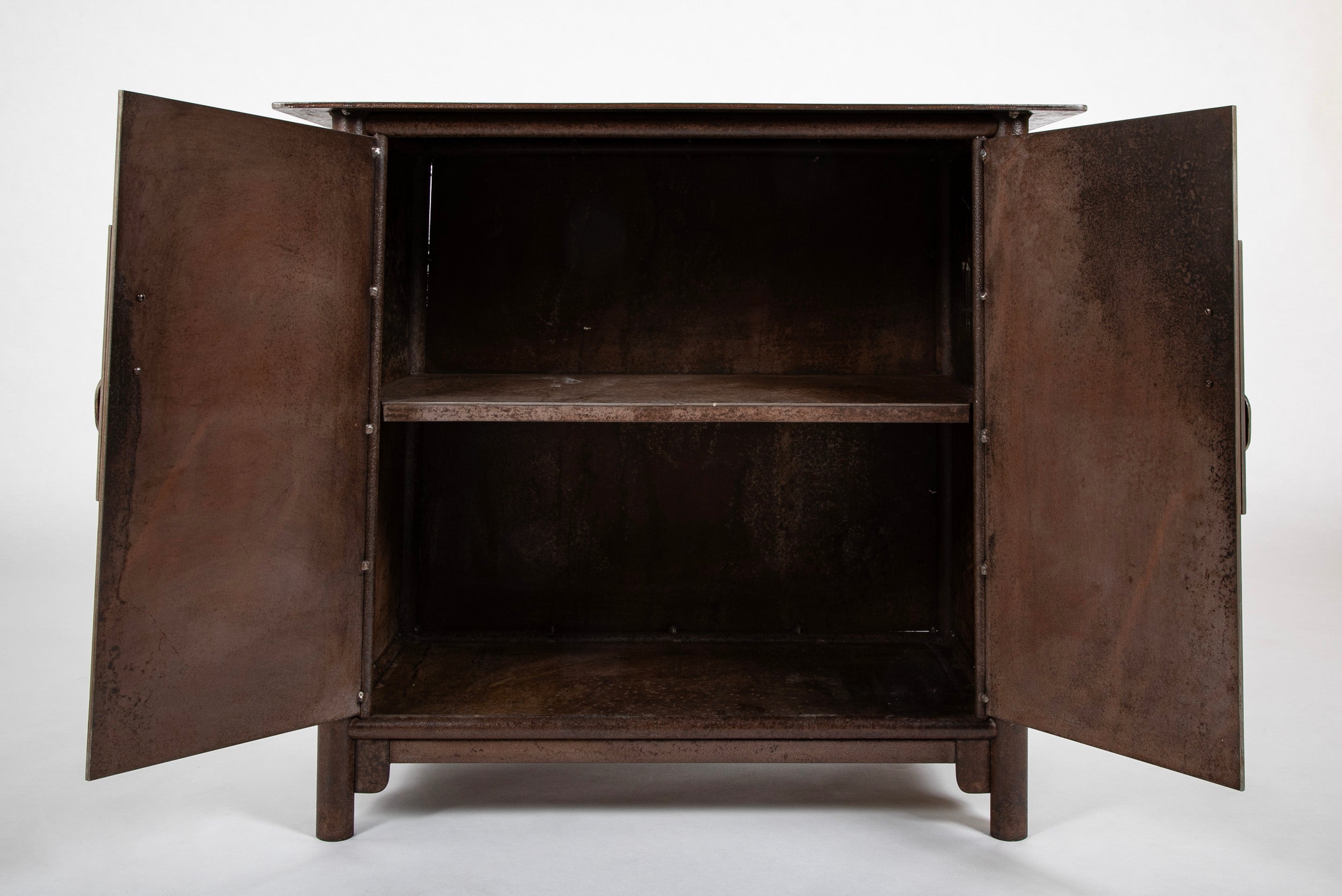 A Jim Rose Steel Cabinet with Tab Handles on Two Doors