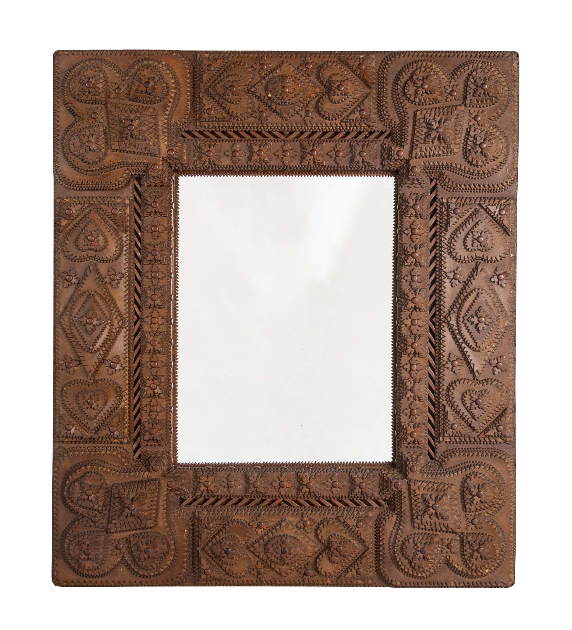 Tramp Art Mirror Frame of Chip Cut and Varnished Cardboard