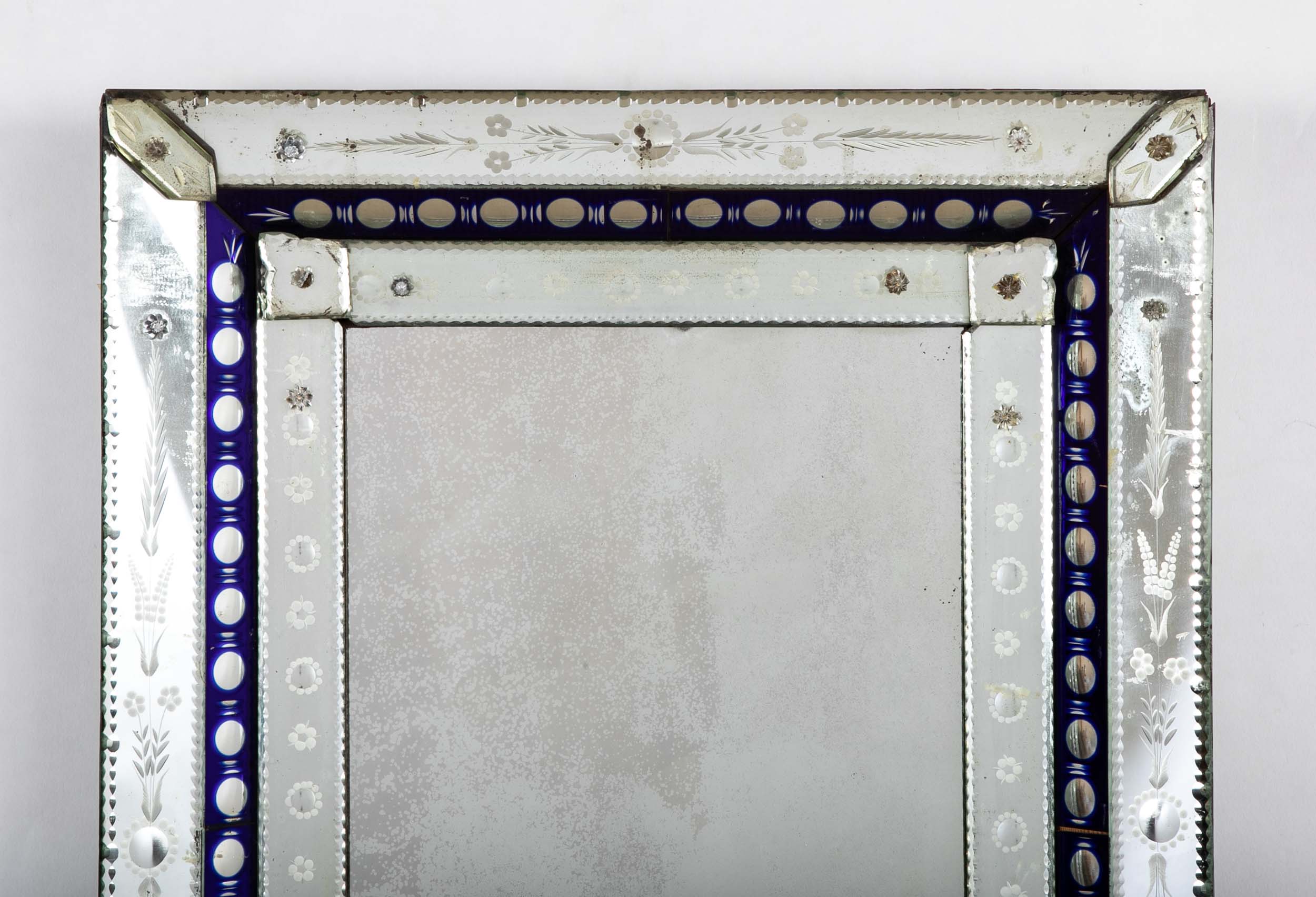 Early 20th Century Mirror in Cobalt & Clear Etched Mirrored Frame