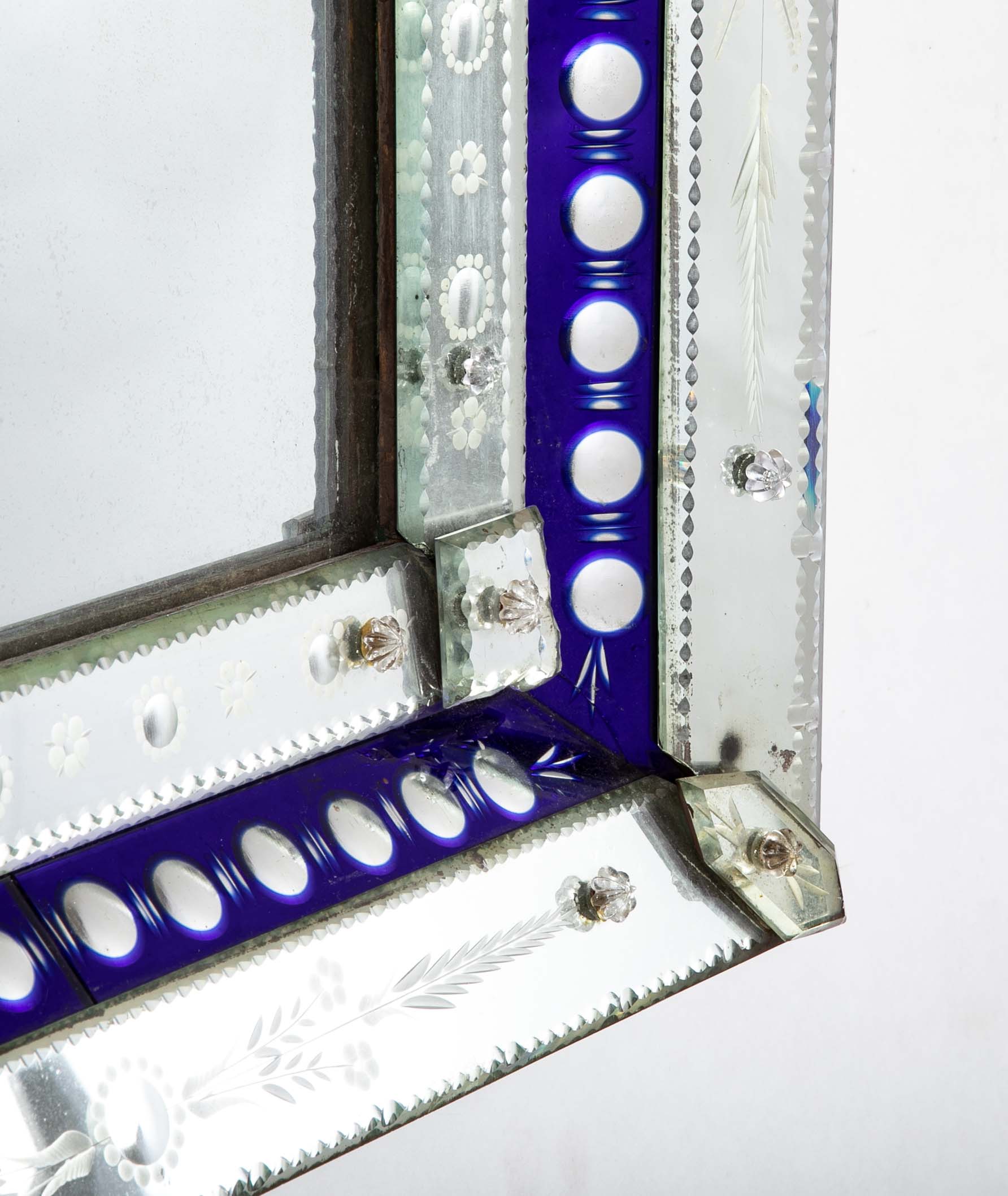 Early 20th Century Mirror in Cobalt & Clear Etched Mirrored Frame