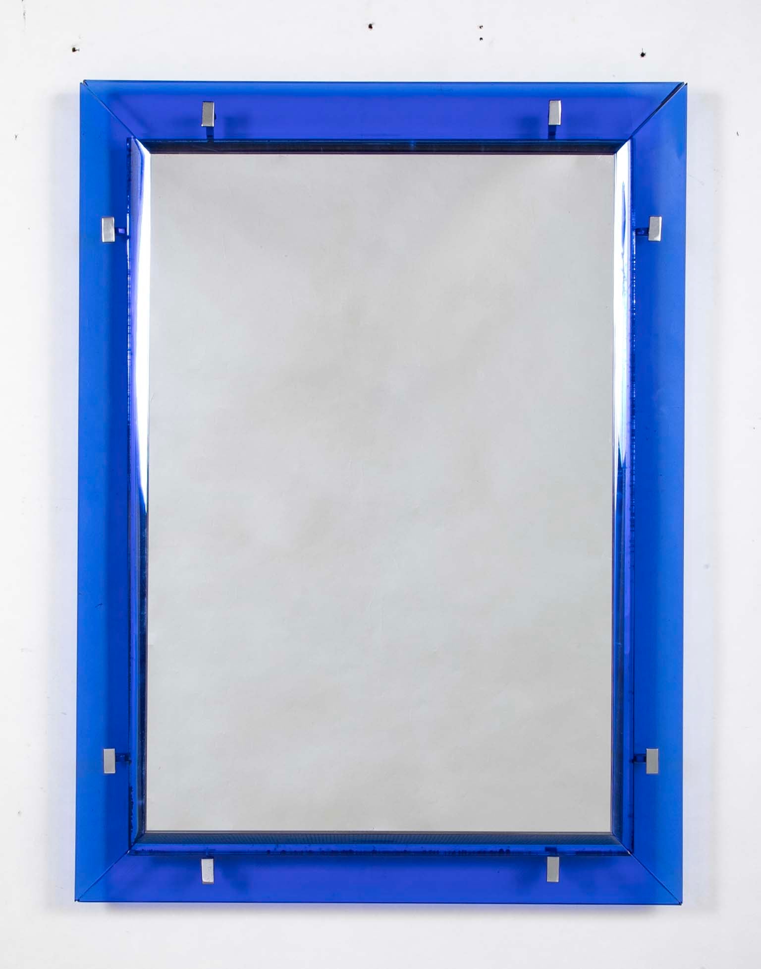 Max Ingrand for Fontana Arte Mirror with Blue Beveled Glass Frame