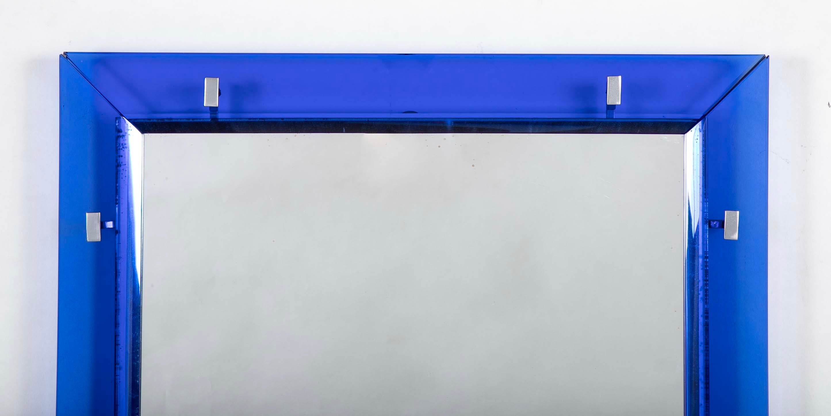 Max Ingrand for Fontana Arte Mirror with Blue Beveled Glass Frame