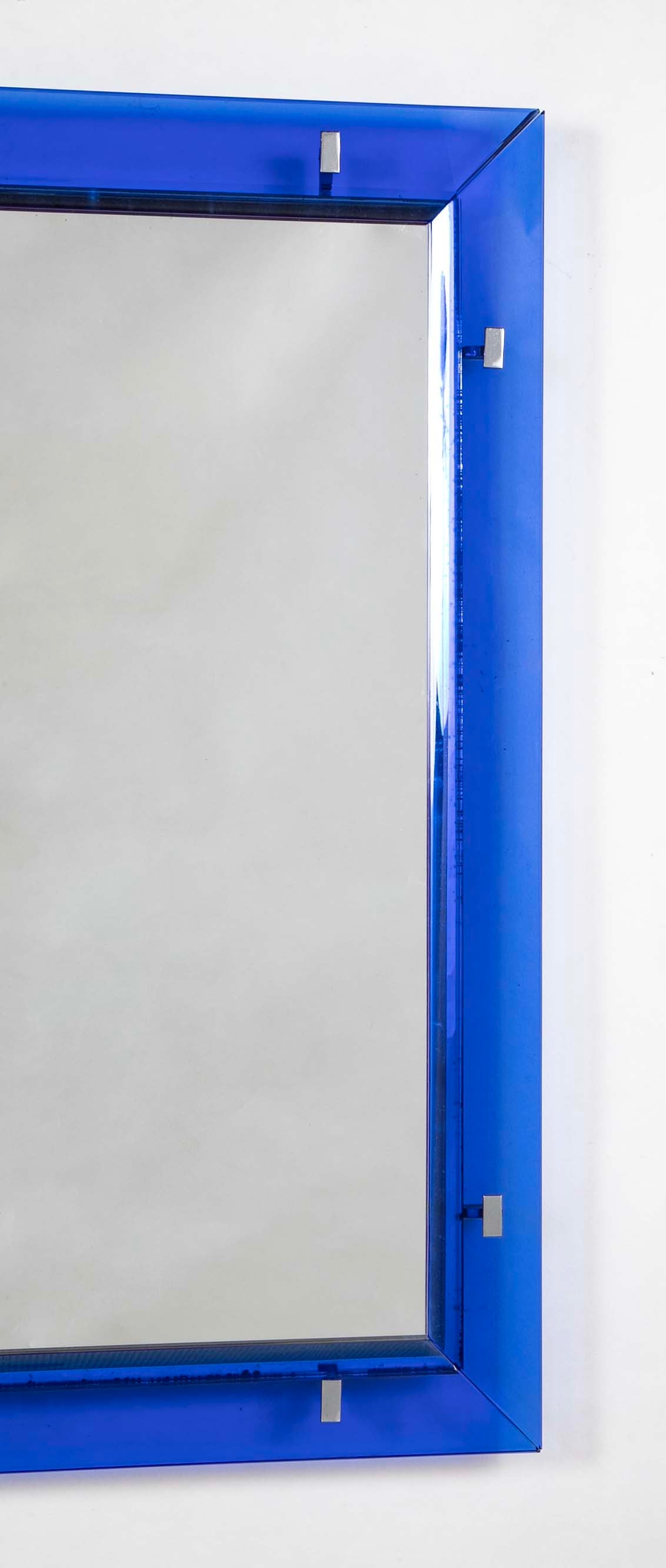 Max Ingrand for Fontana Arte Mirror with Blue Beveled Glass Frame