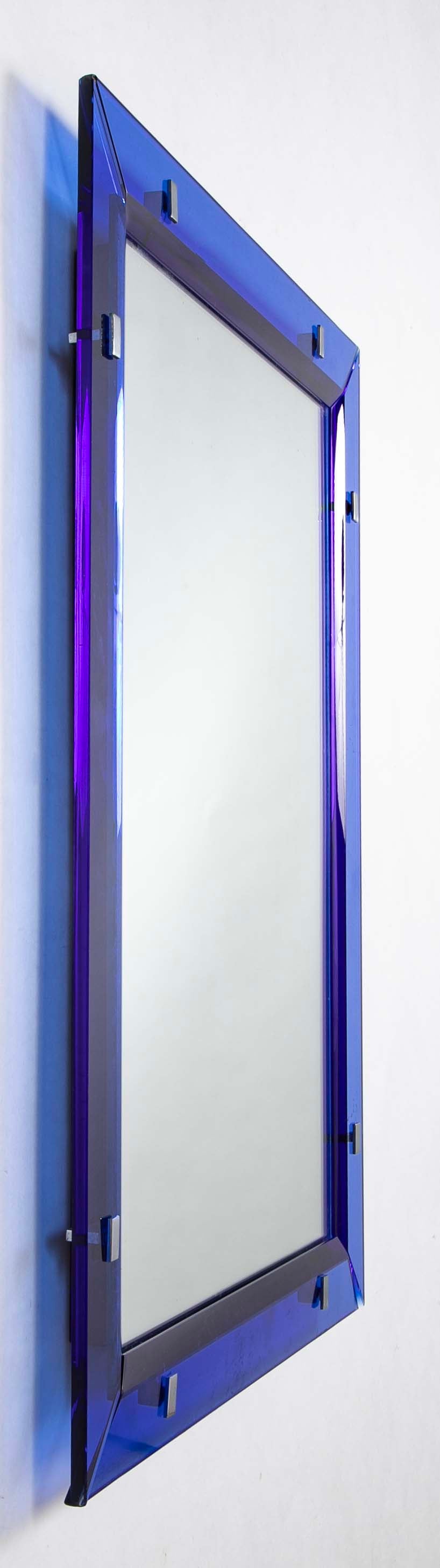 Max Ingrand for Fontana Arte Mirror with Blue Beveled Glass Frame