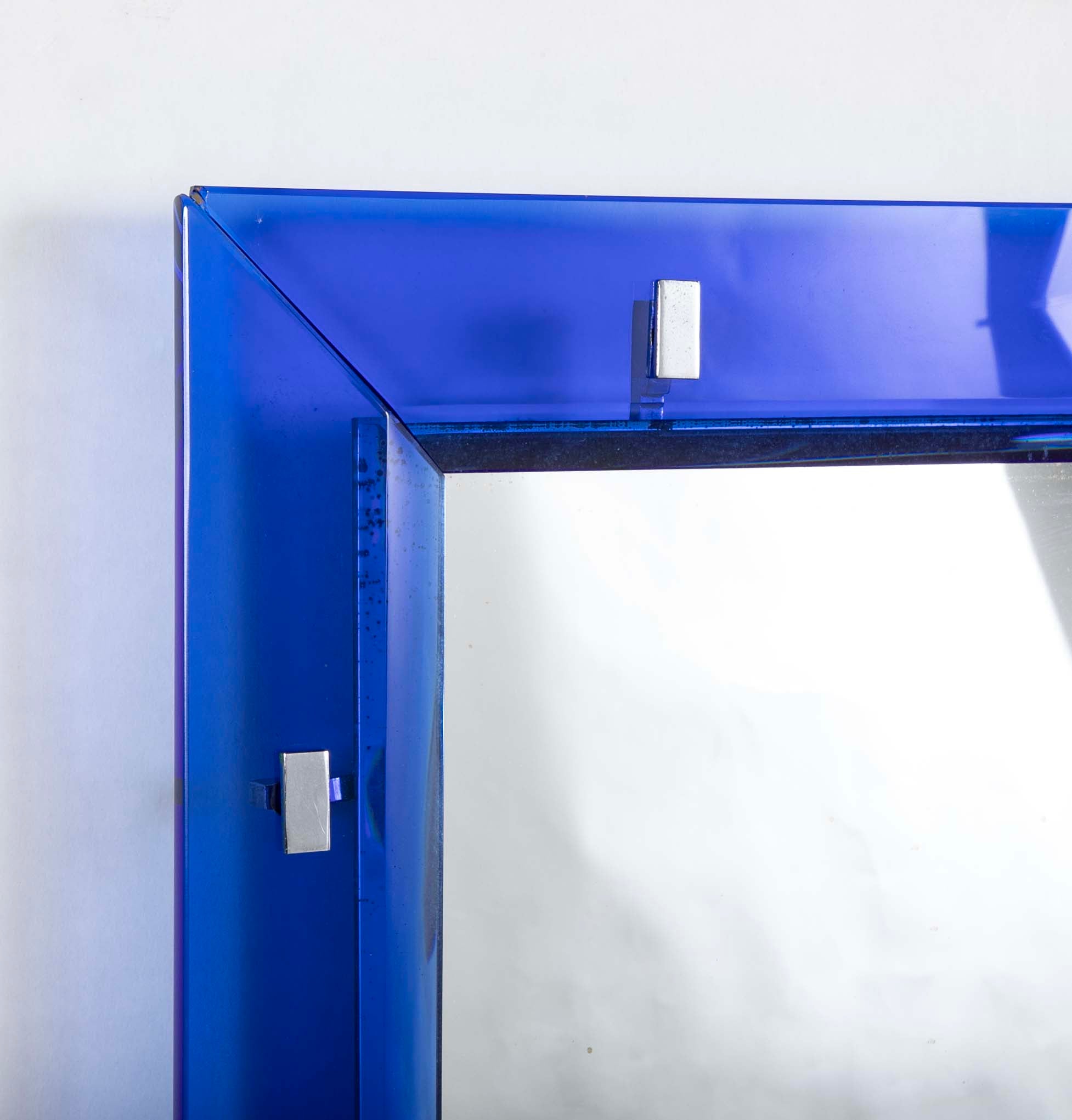 Max Ingrand for Fontana Arte Mirror with Blue Beveled Glass Frame