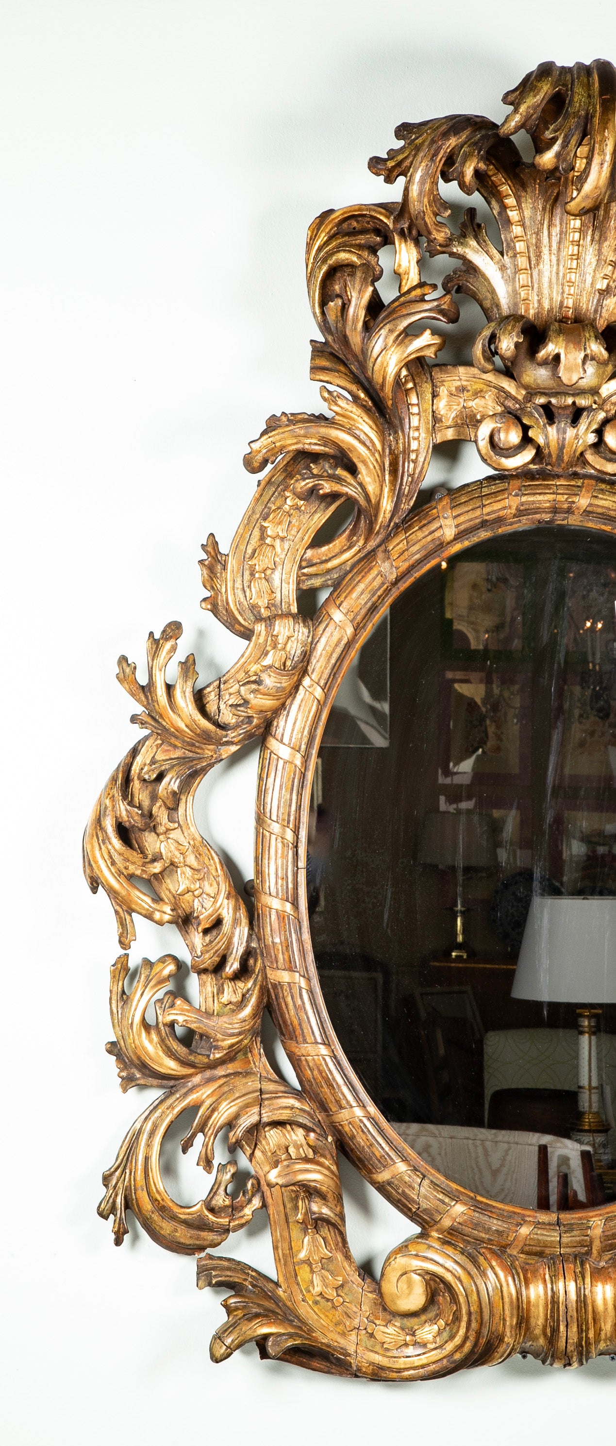 Large Oval Italian Mirror with Baroque Carved Giltwood Frame
