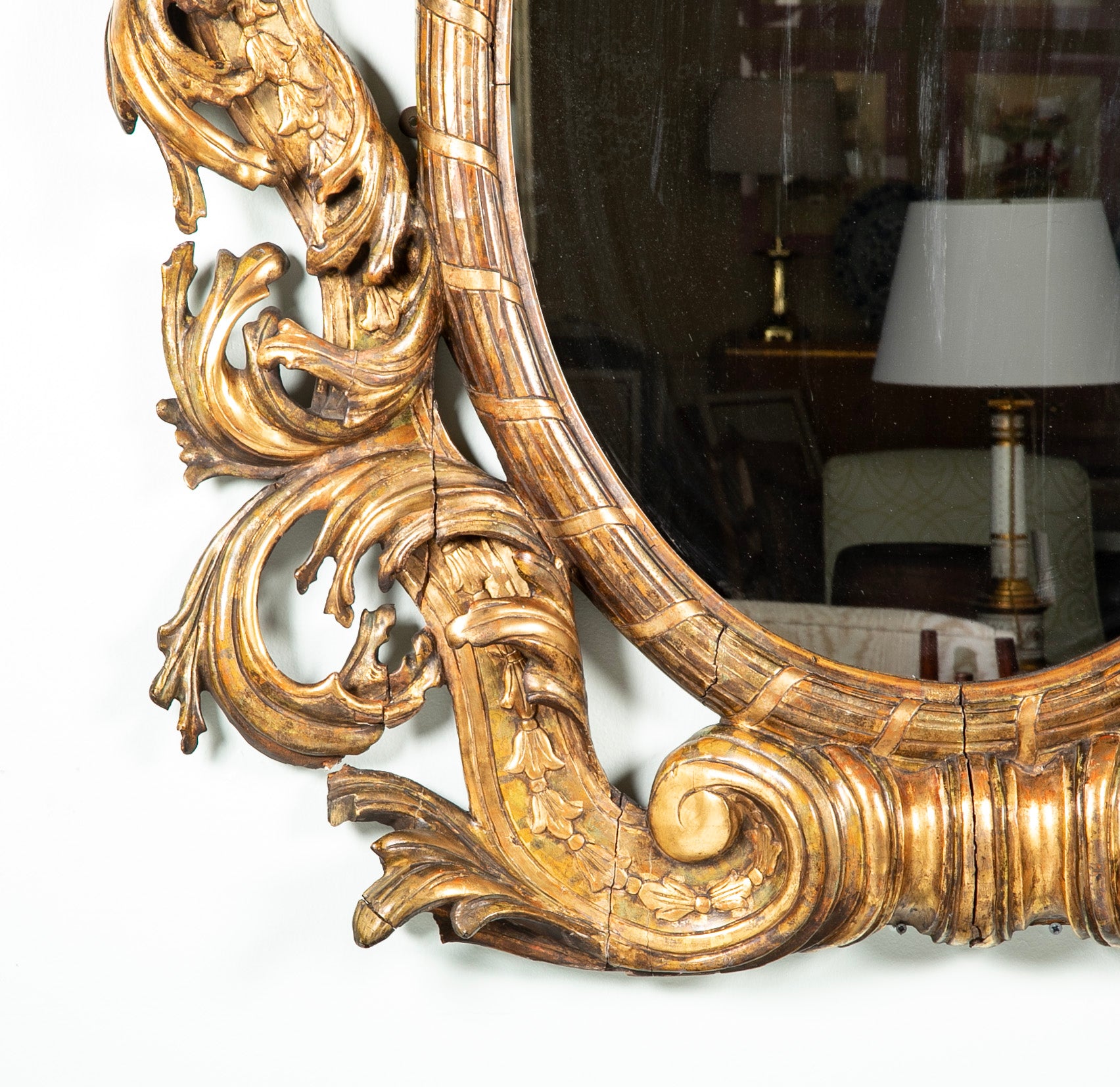 Large Oval Italian Mirror with Baroque Carved Giltwood Frame