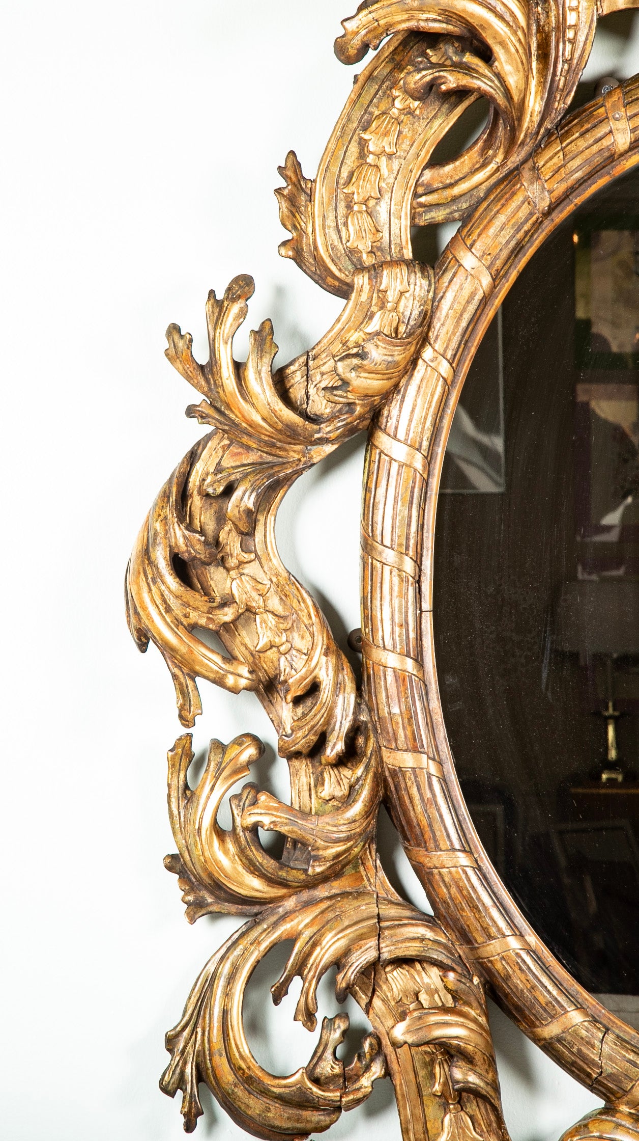Large Oval Italian Mirror with Baroque Carved Giltwood Frame