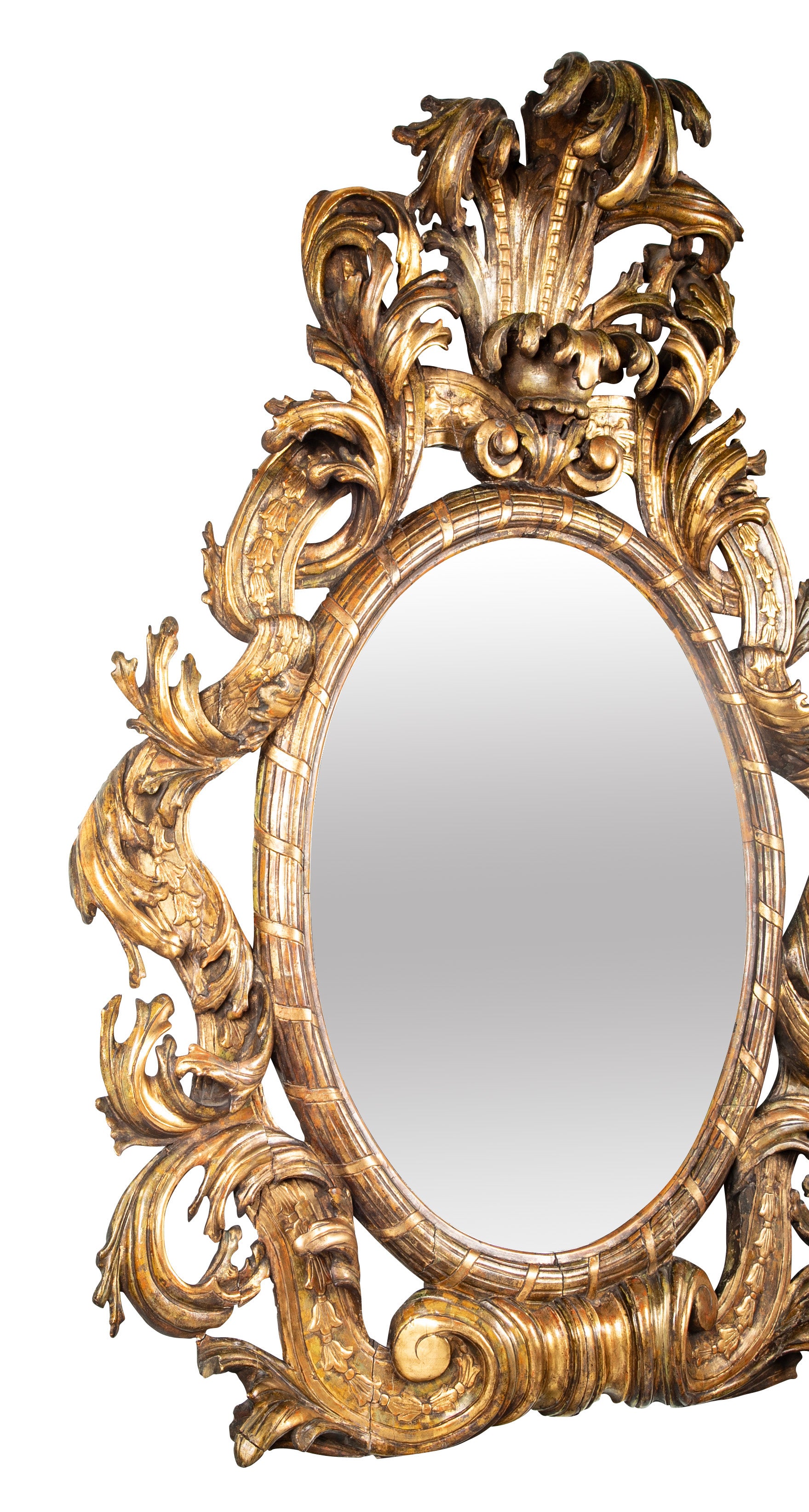 Large Oval Italian Mirror with Baroque Carved Giltwood Frame