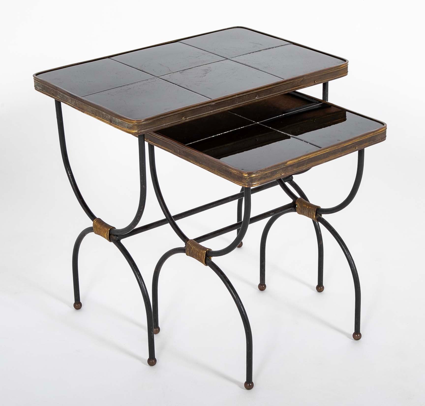 Two Nesting Tables in Curule Formed Metal by Jacques Adnet