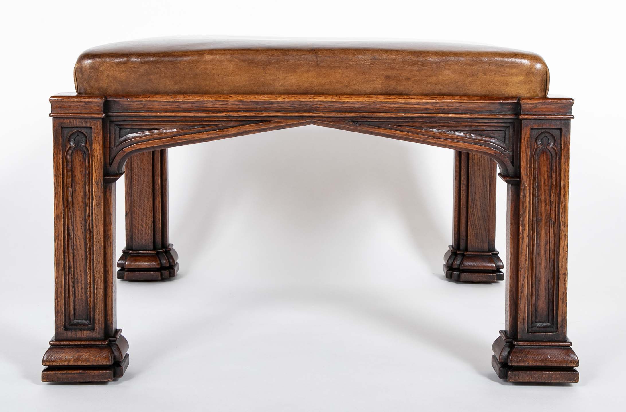 English Oak Bench with Leather Seat After A.W.N. Pugin