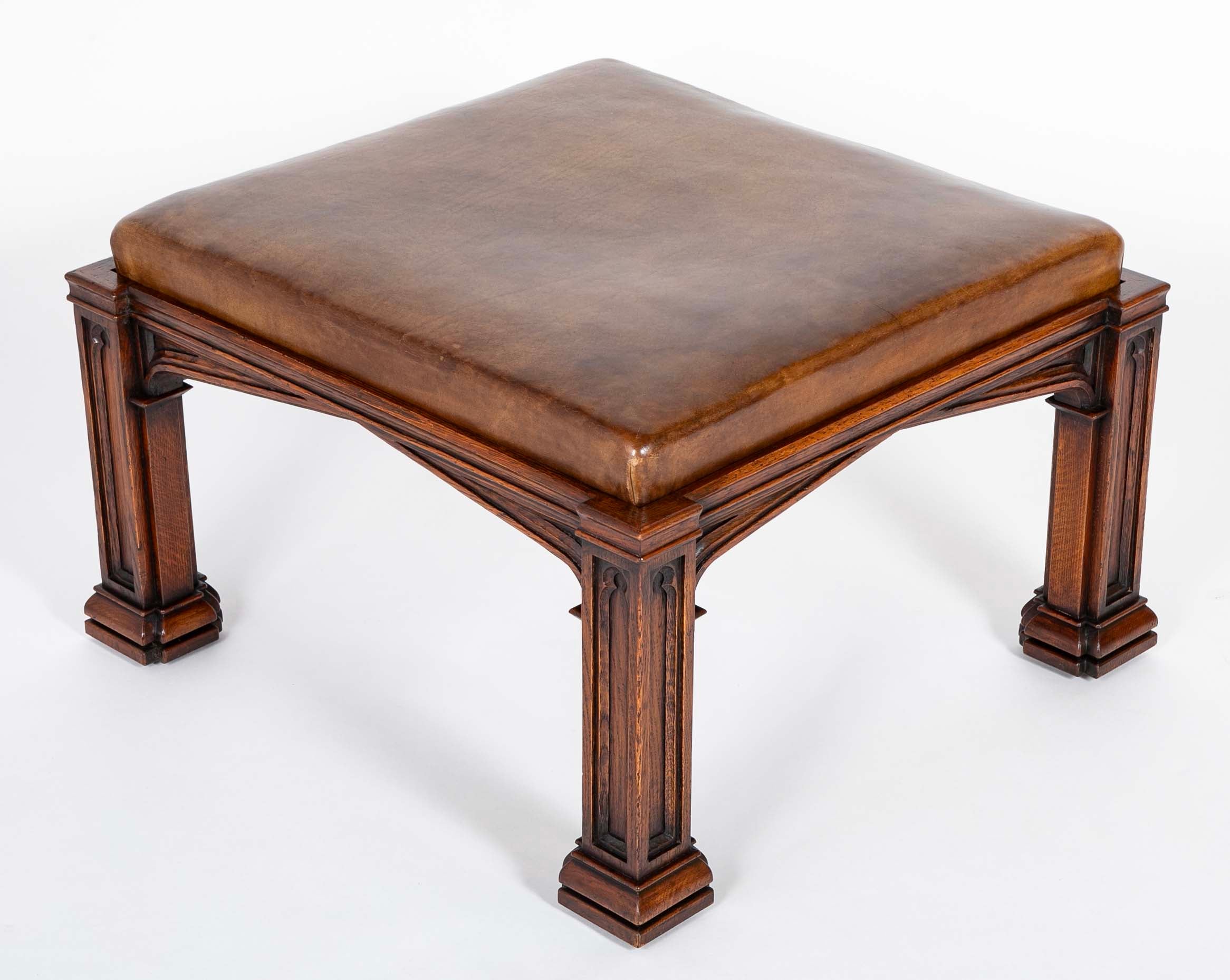 English Oak Bench with Leather Seat After A.W.N. Pugin