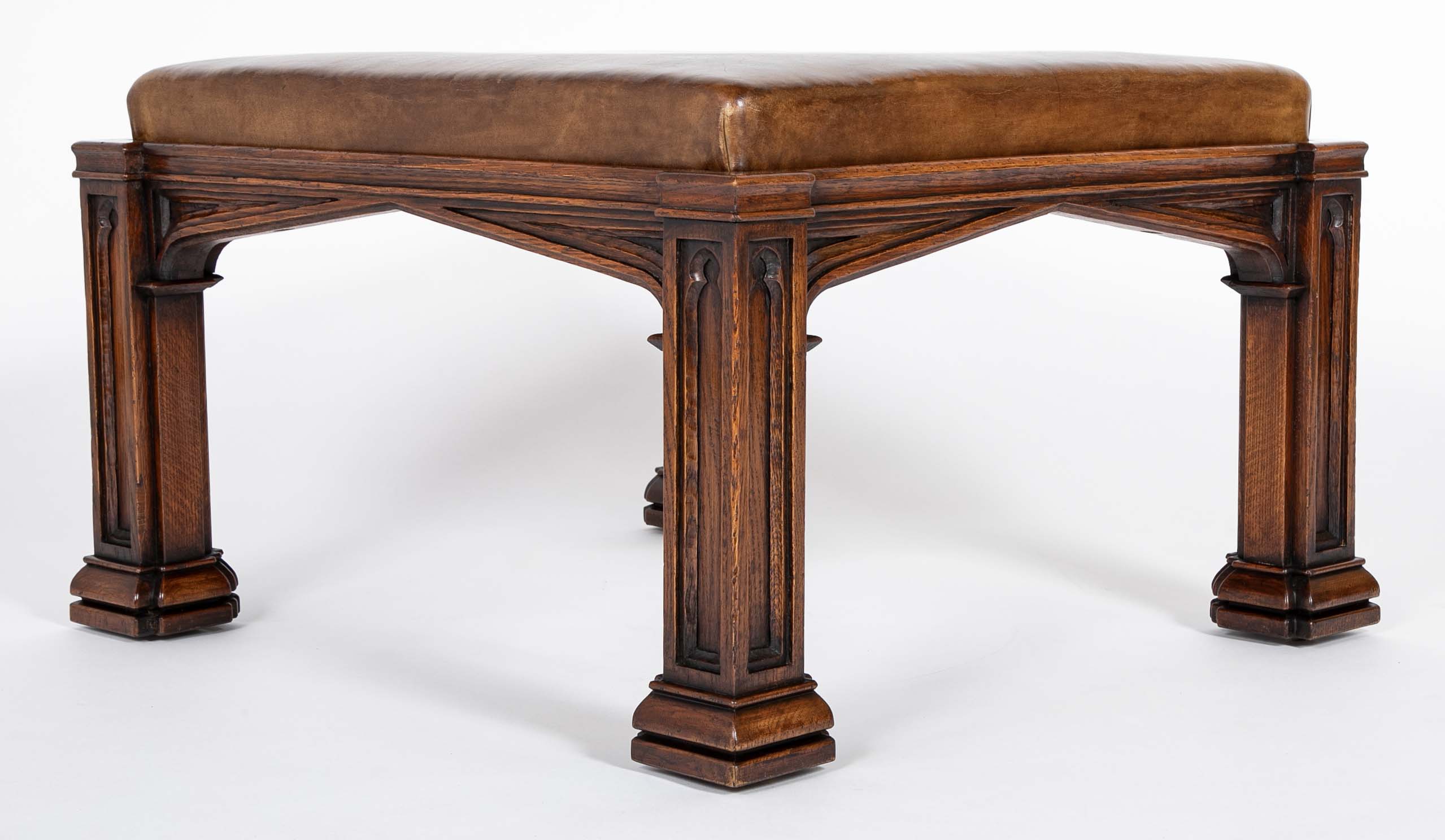 English Oak Bench with Leather Seat After A.W.N. Pugin