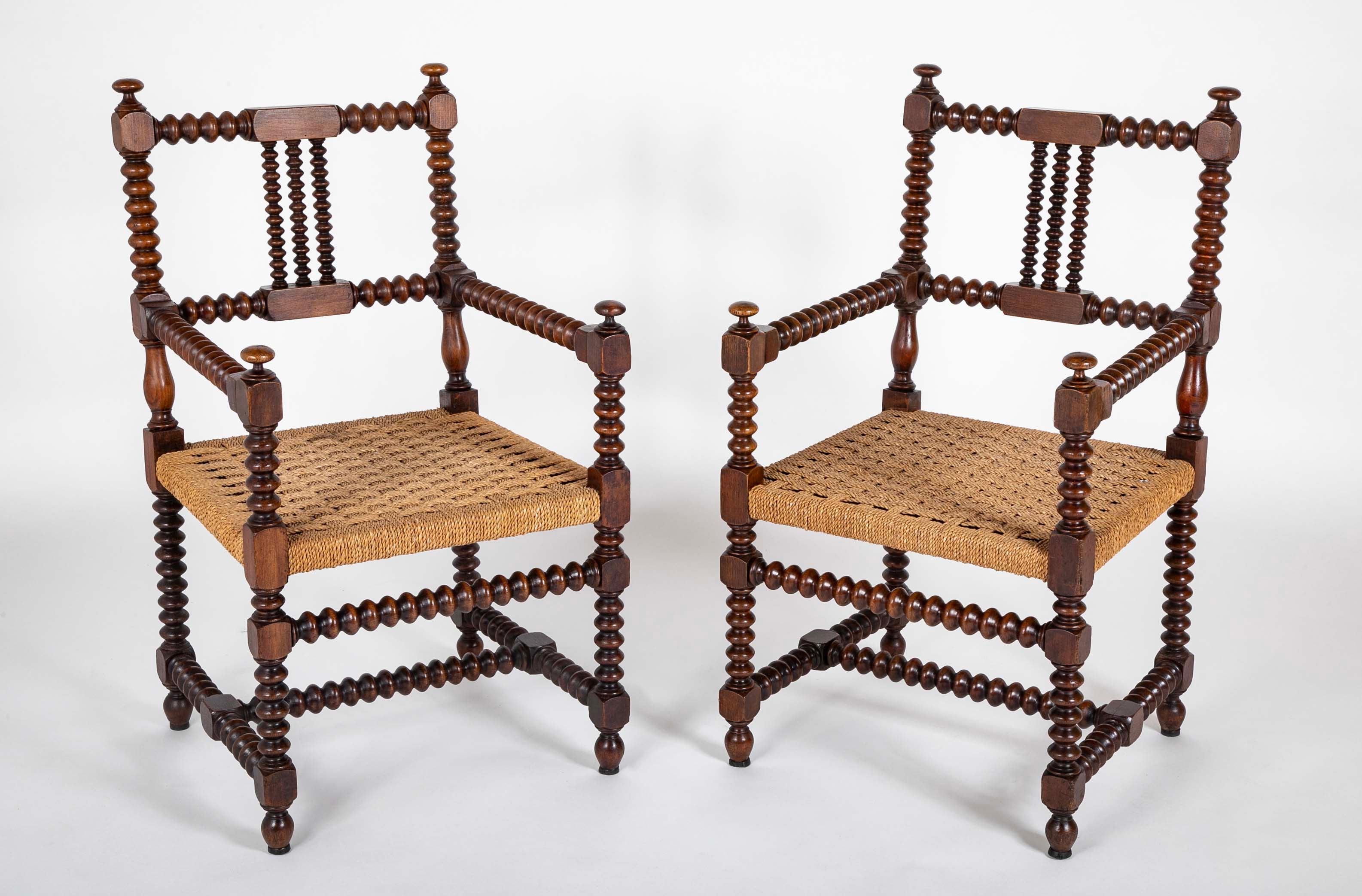 Pair of Turned Wood Arm Chairs In The Manner of Charles Du