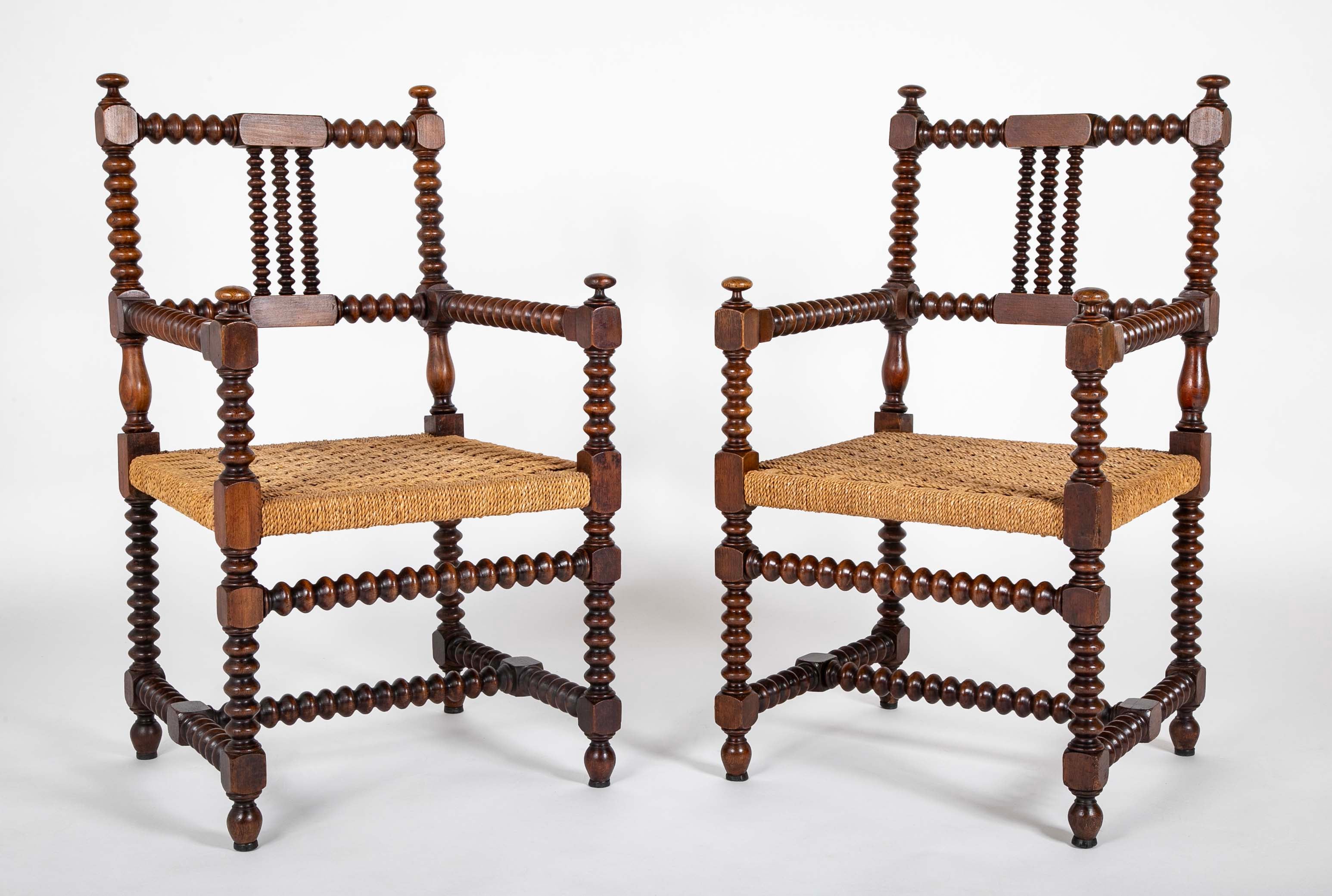 Pair of Turned Wood Arm Chairs In The Manner of Charles Du