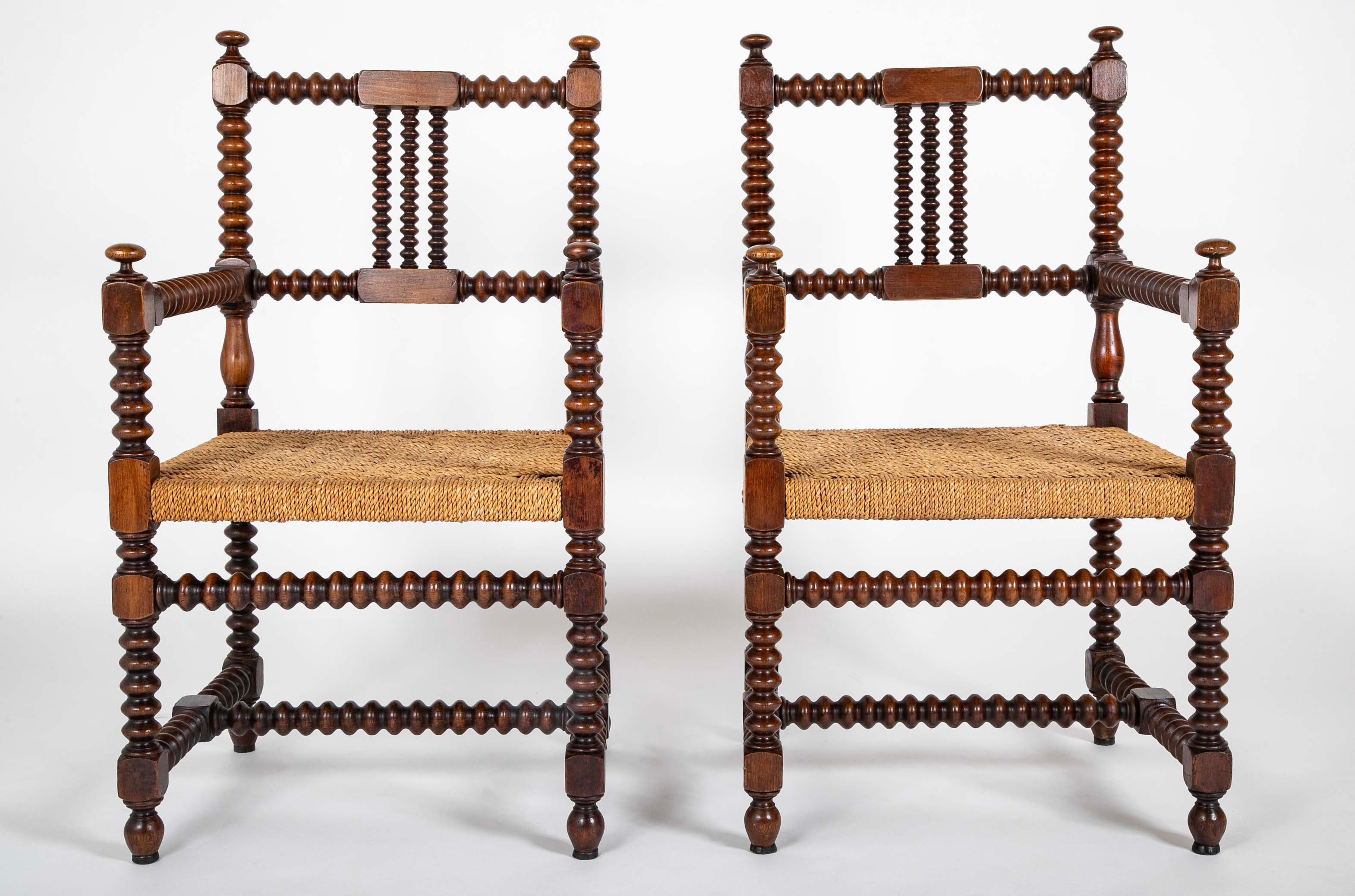 Pair of Turned Wood Arm Chairs In The Manner of Charles Dudouyt
