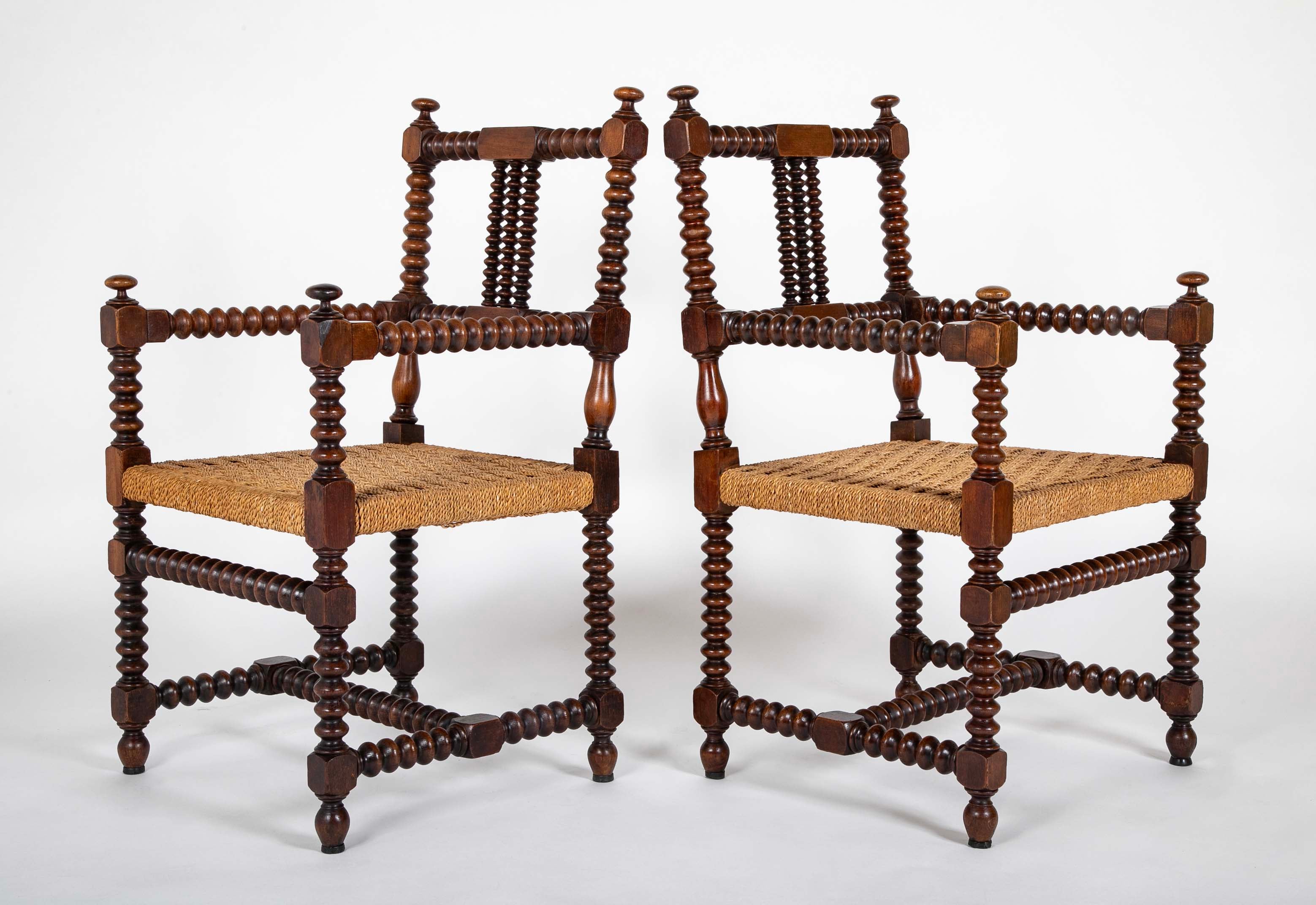 Pair of Turned Wood Arm Chairs In The Manner of Charles Du