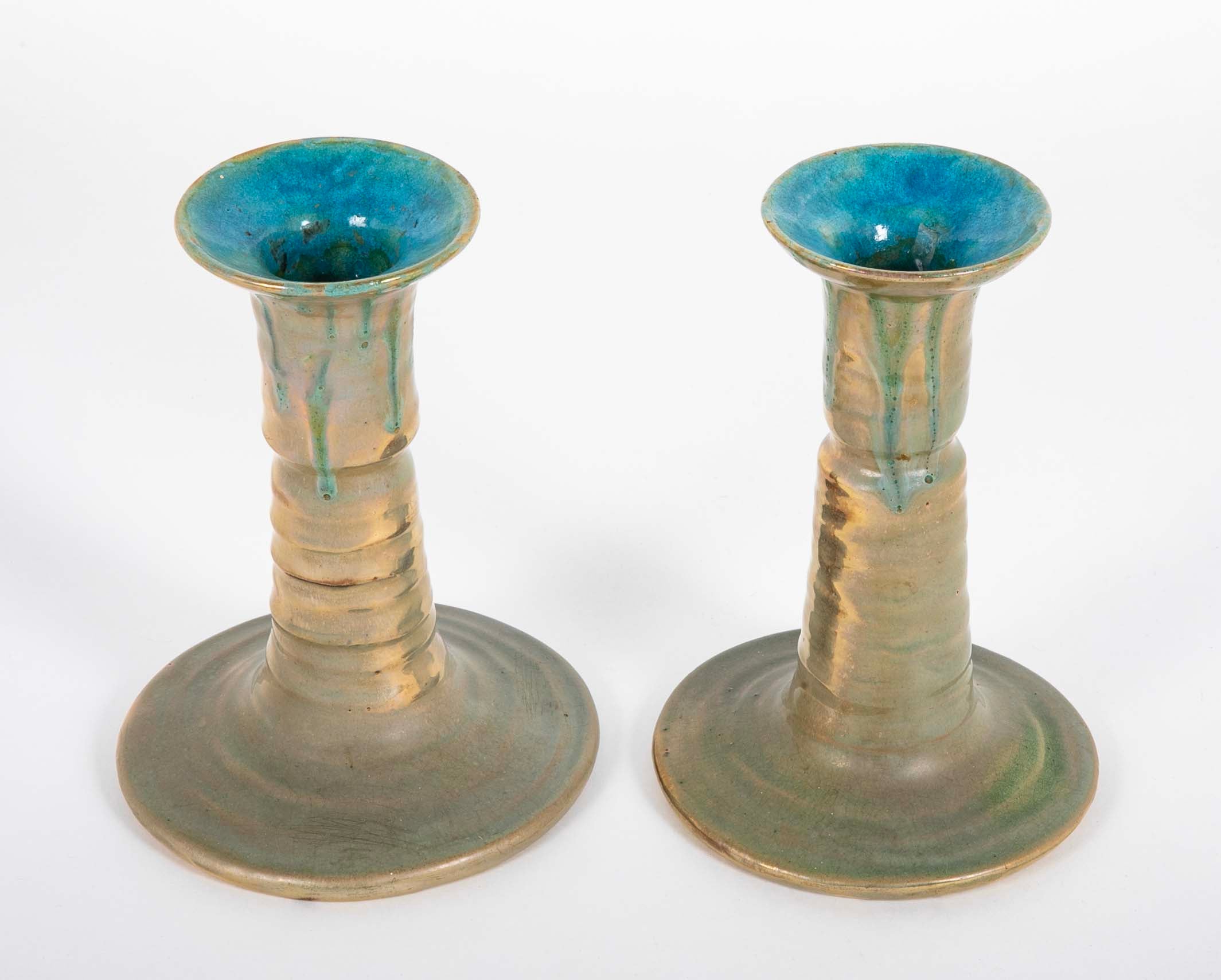 Pair of Pewabic Pottery Candle Stands with Bright Iridescent Turquoise Glaze on Earthenware