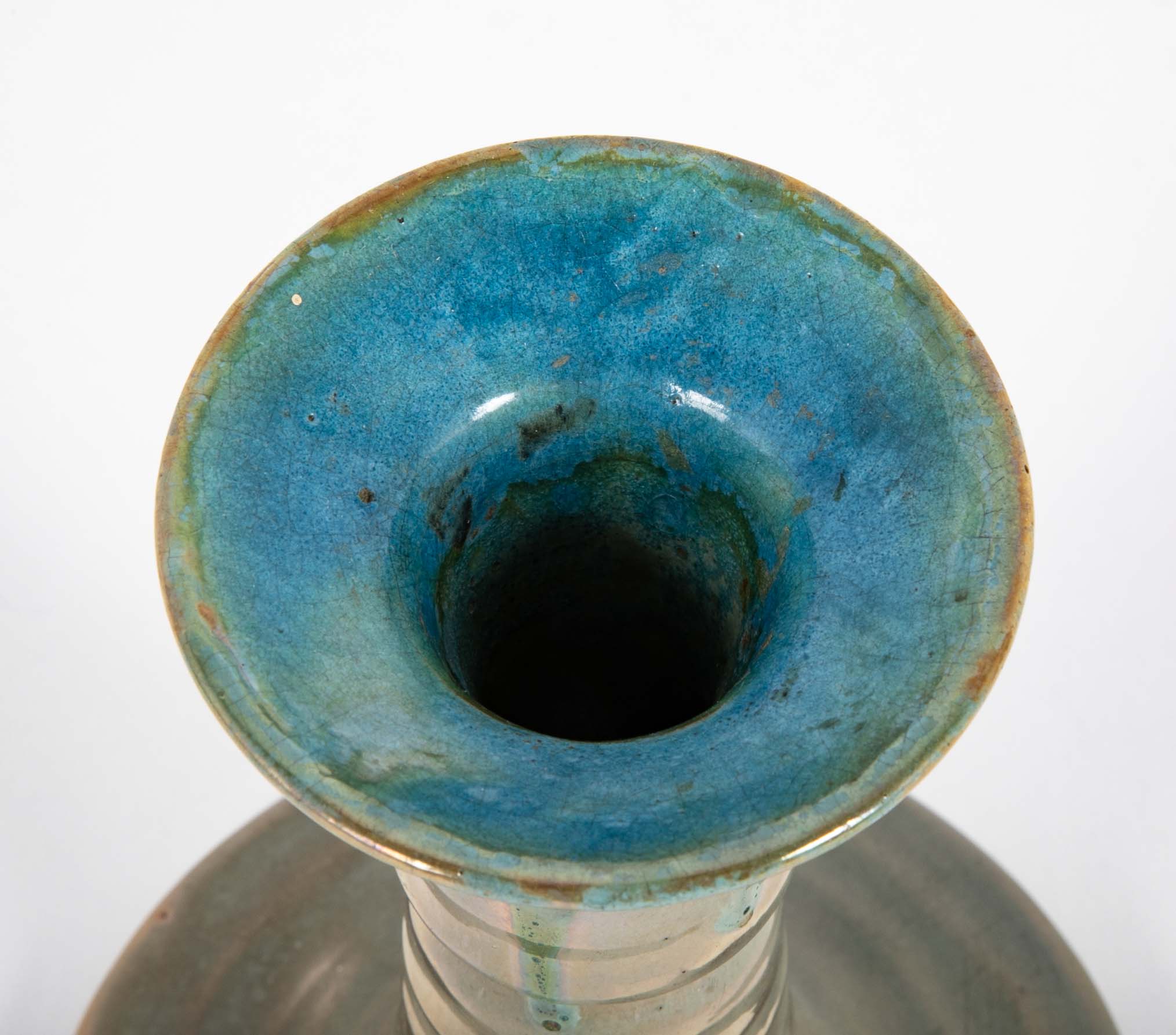 Pair of Pewabic Pottery Candle Stands with Bright Iridescent Turquoise Glaze on Earthenware