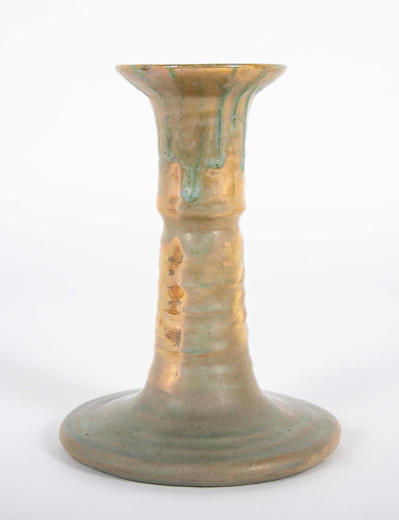 Pair of Pewabic Pottery Candle Stands with Bright Iridescent Turquoise Glaze on Earthenware