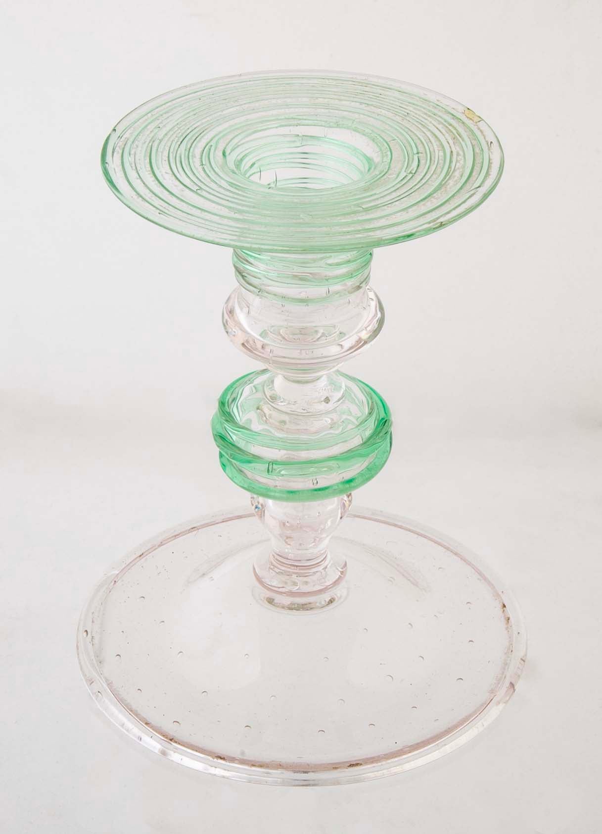 Pair of Green Threaded Glass Candlesticks by Steuben/H.C Frey & Co.