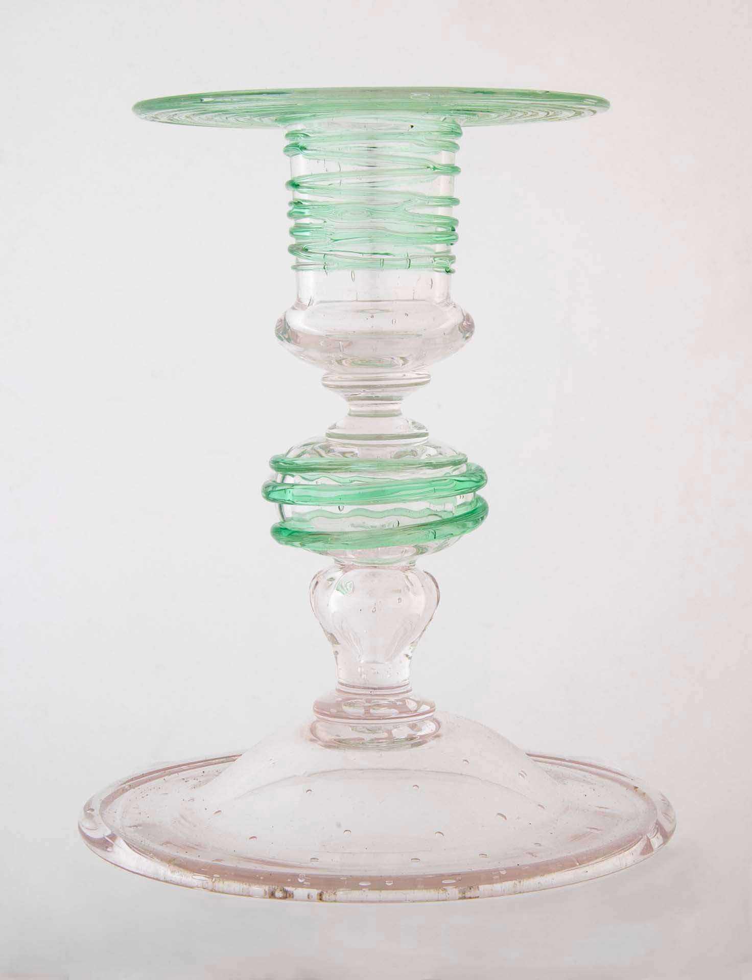 Pair of Green Threaded Glass Candlesticks by Steuben/H.C Frey & Co.